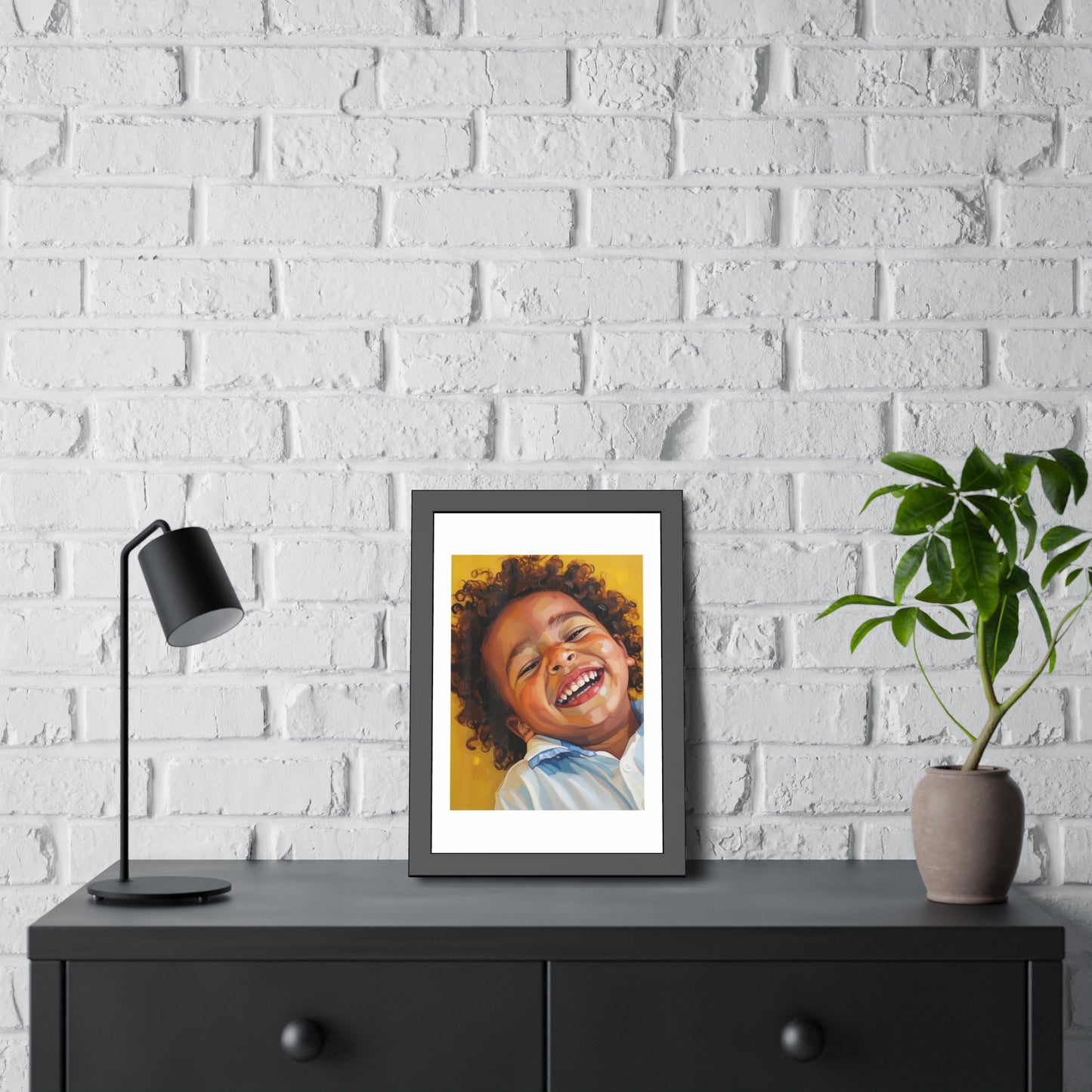 Framed Poster — Joyful Laughing Child Portrait, Colorful Nursery Wall Art