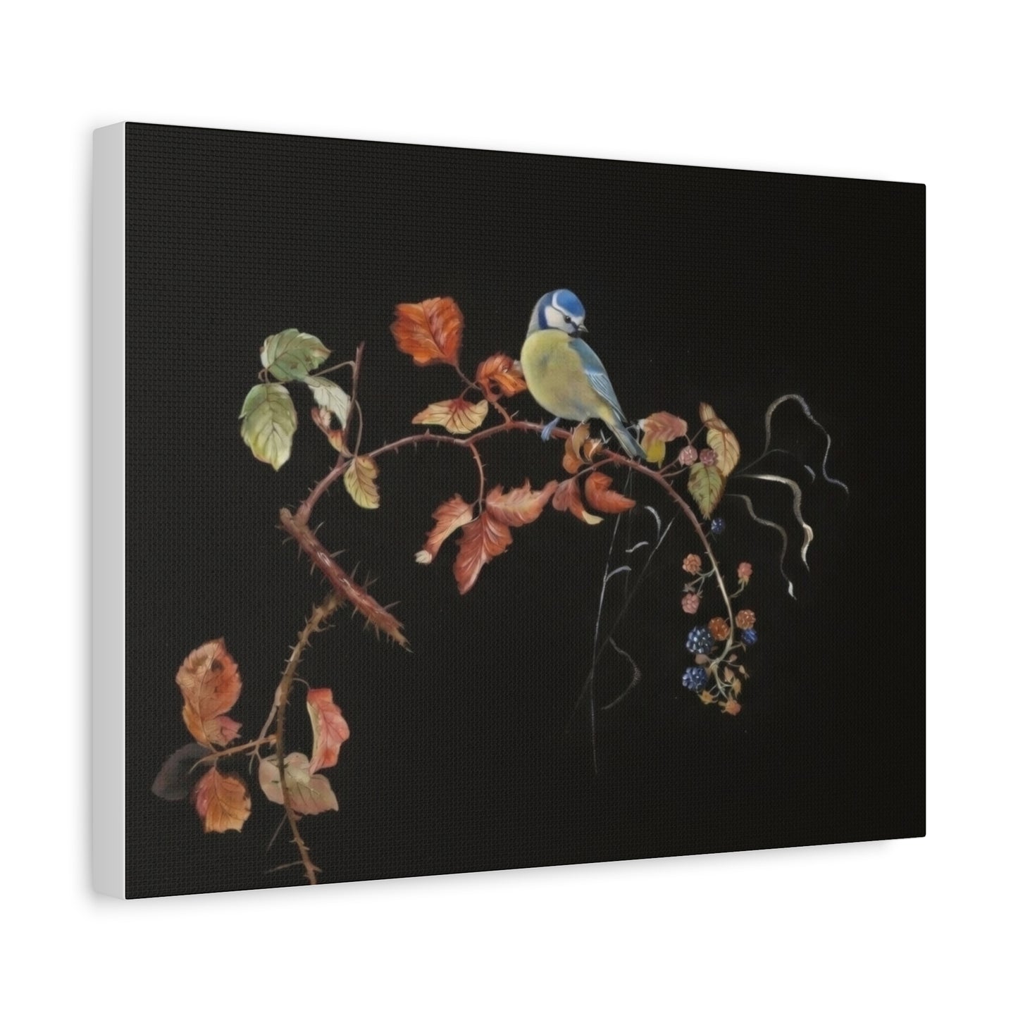 Canvas Wall Art - Blue Tit on Autumn Branch, Stretched Matte Canvas