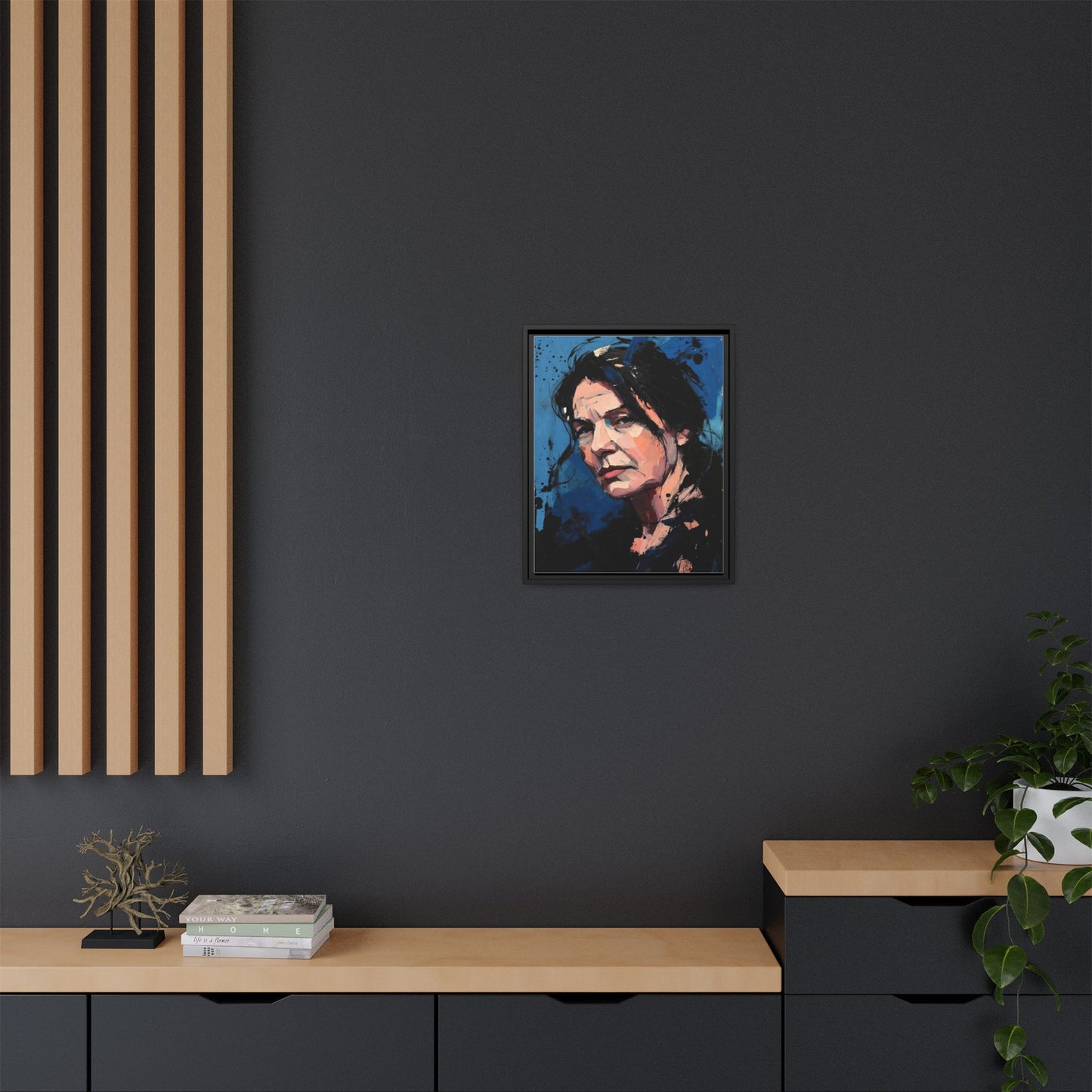 Framed Matte Canvas Portrait — Expressive Blue Painterly Woman Art