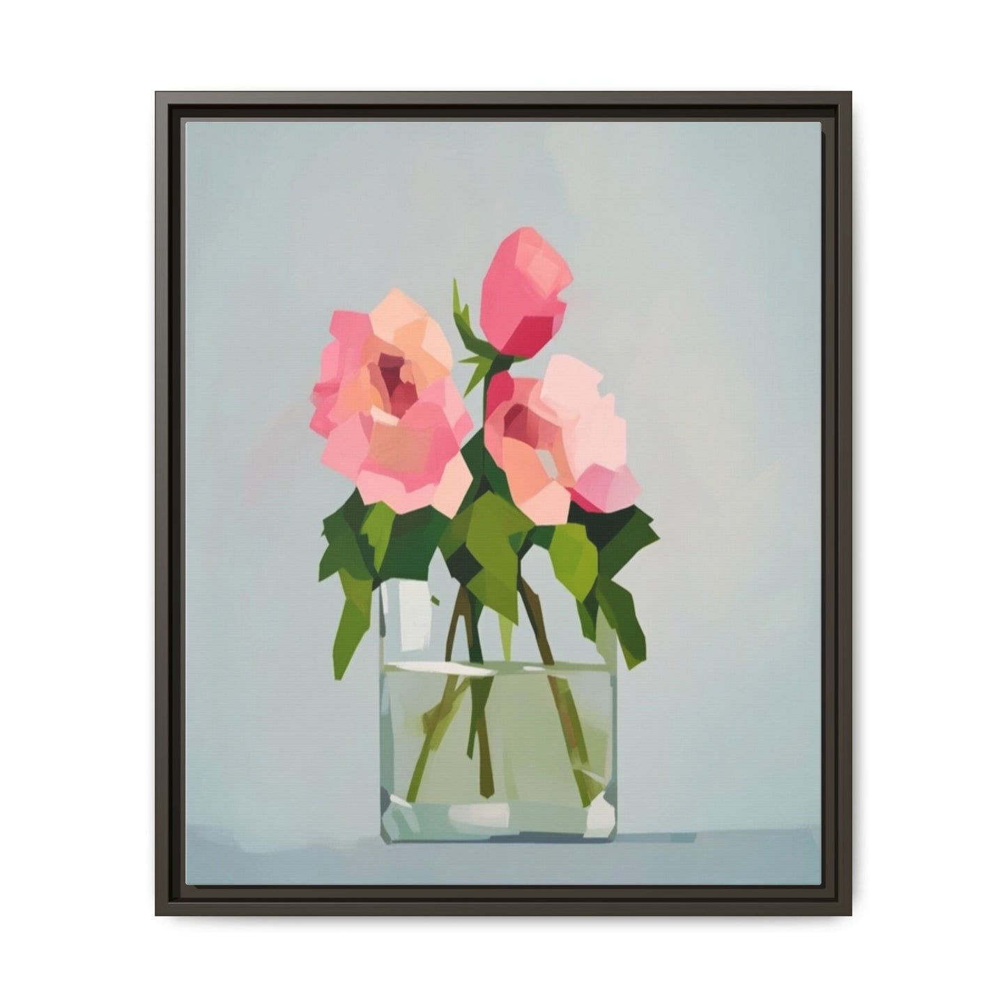 Framed Floral Canvas Print — Pink Roses in Glass Vase (Matte)