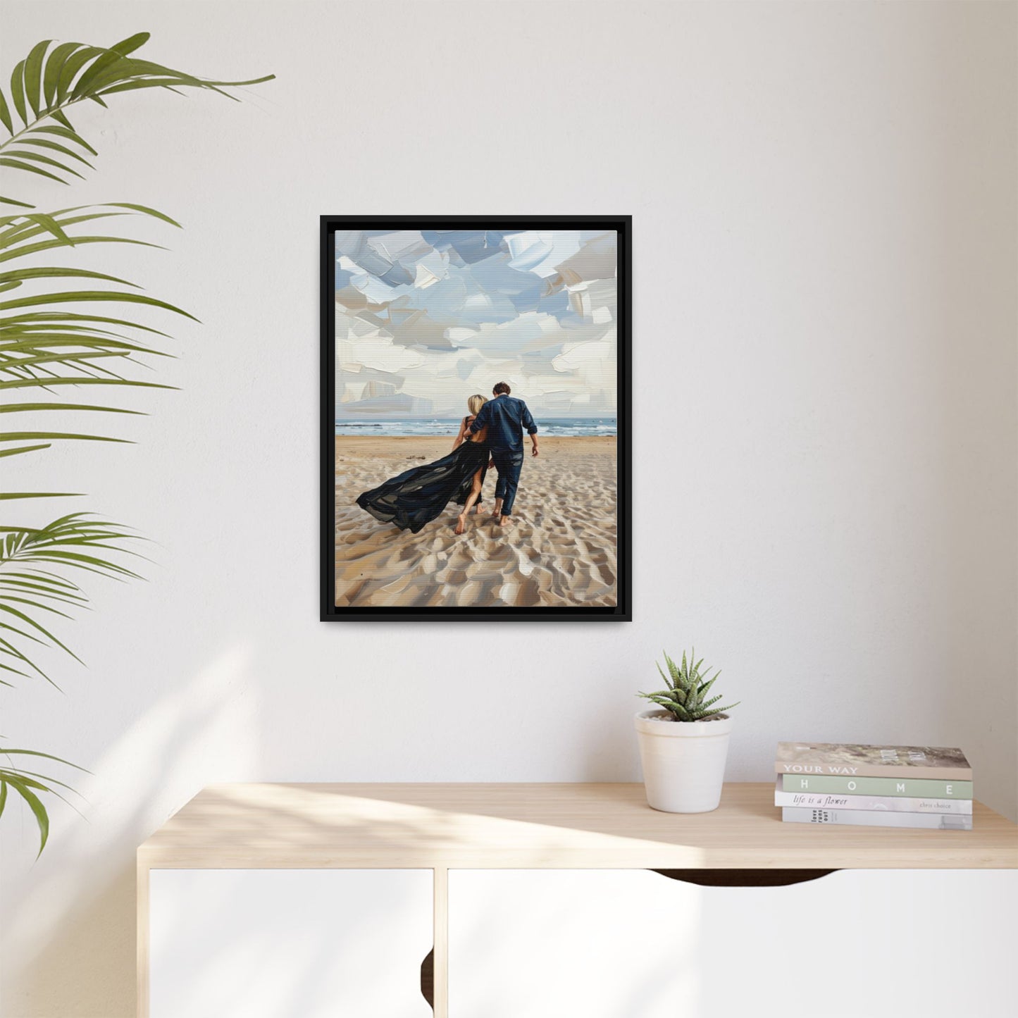 Framed Canvas Wall Art — Romantic Couple Walking on Beach Print