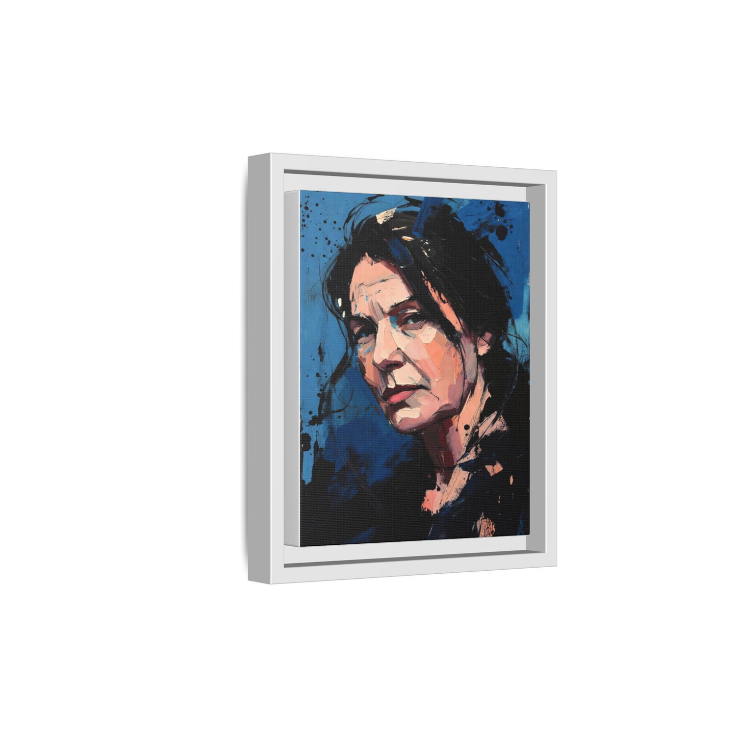 Framed Matte Canvas Portrait — Expressive Blue Painterly Woman Art