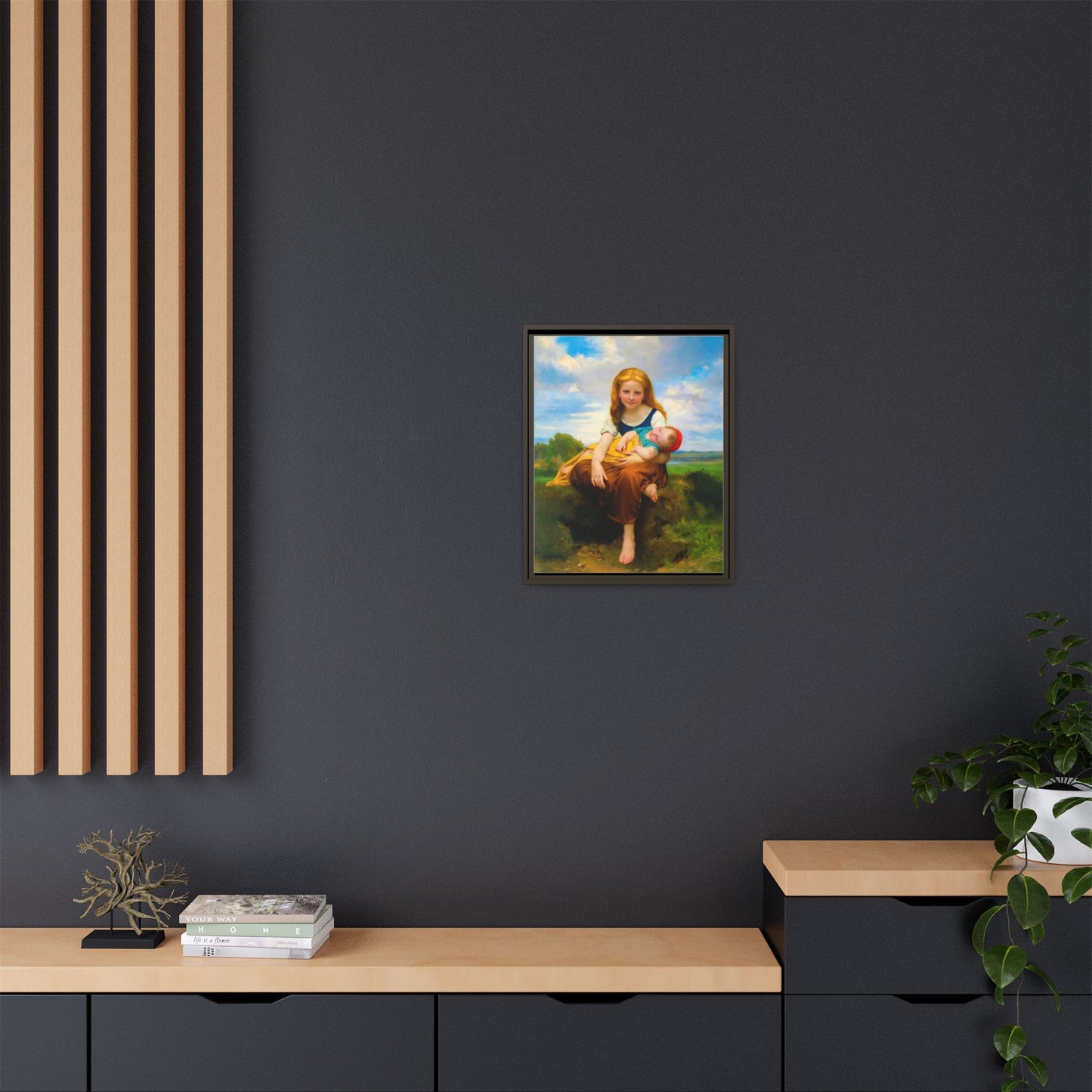 Young Girl Holding Sleeping Baby Canvas Print, Framed Wall Art
