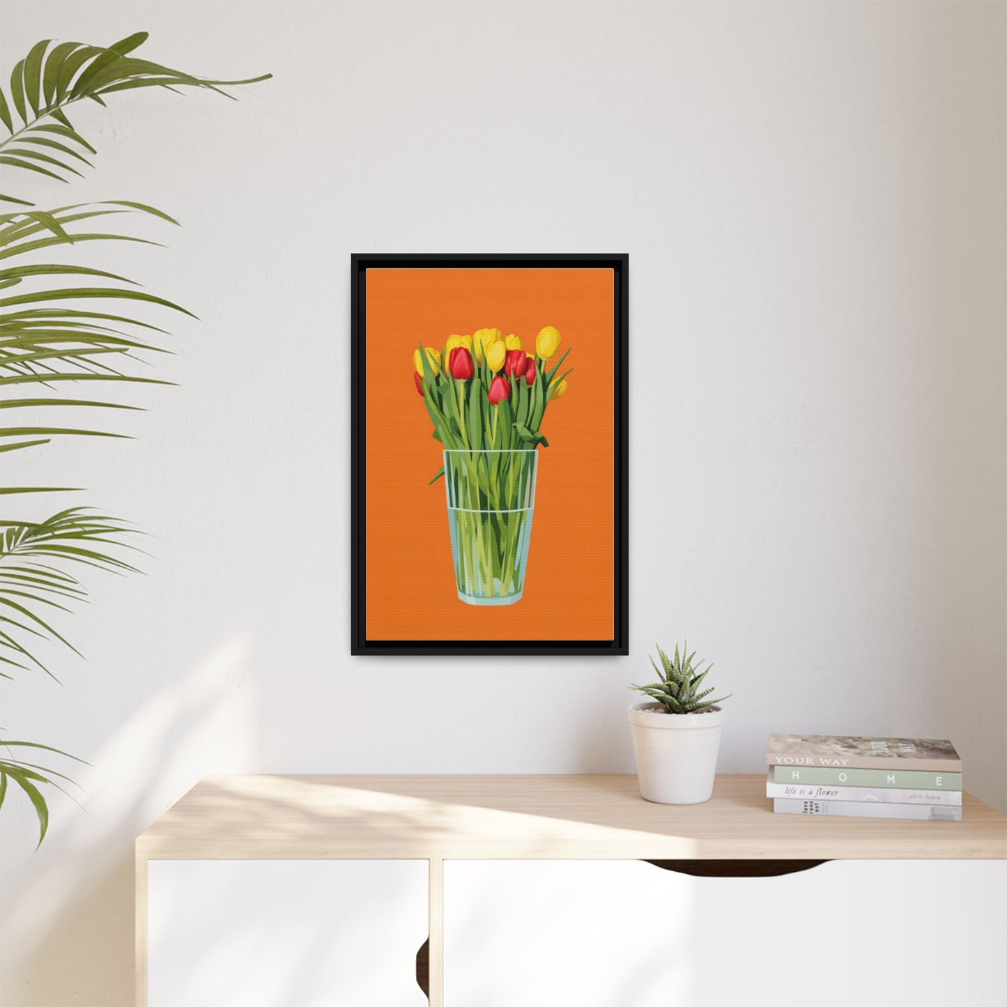 Framed Tulip Canvas Print — Colorful Tulips in Glass Vase