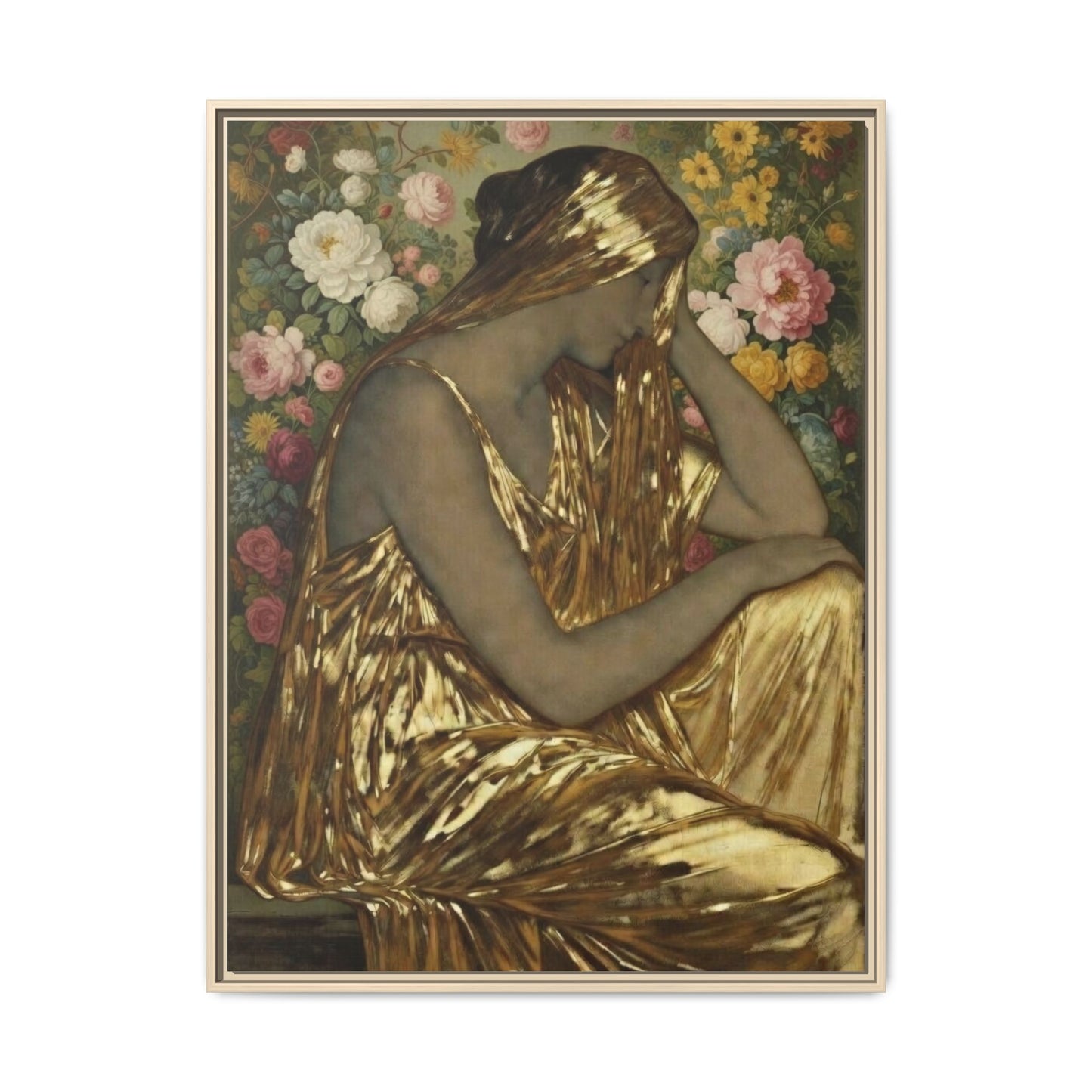 Framed Canvas Art Print — Golden Muse Woman with Floral Background