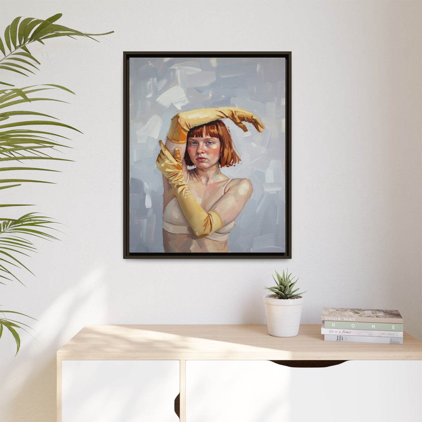 Contemporary Portrait Canvas Print — Woman with Yellow Gloves (Framed Matte)
