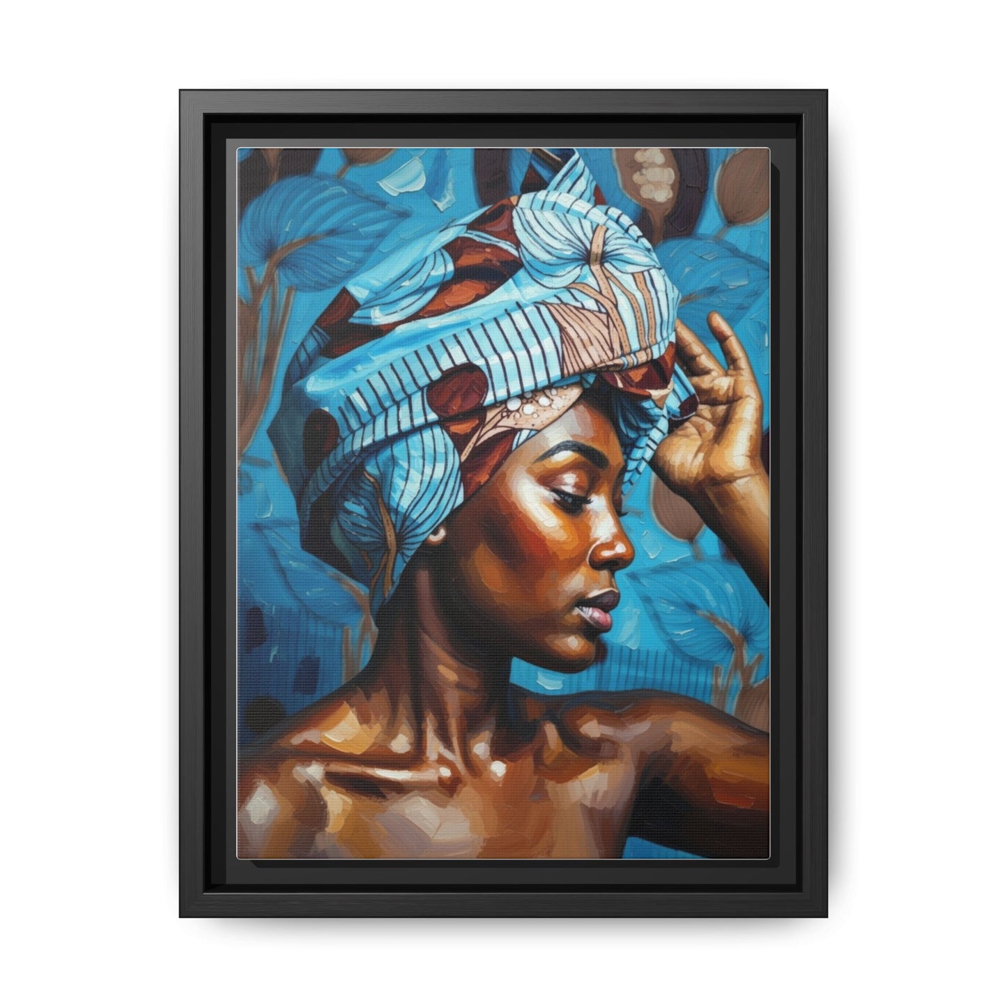 Framed Canvas Art — Portrait of Woman in Blue Headwrap