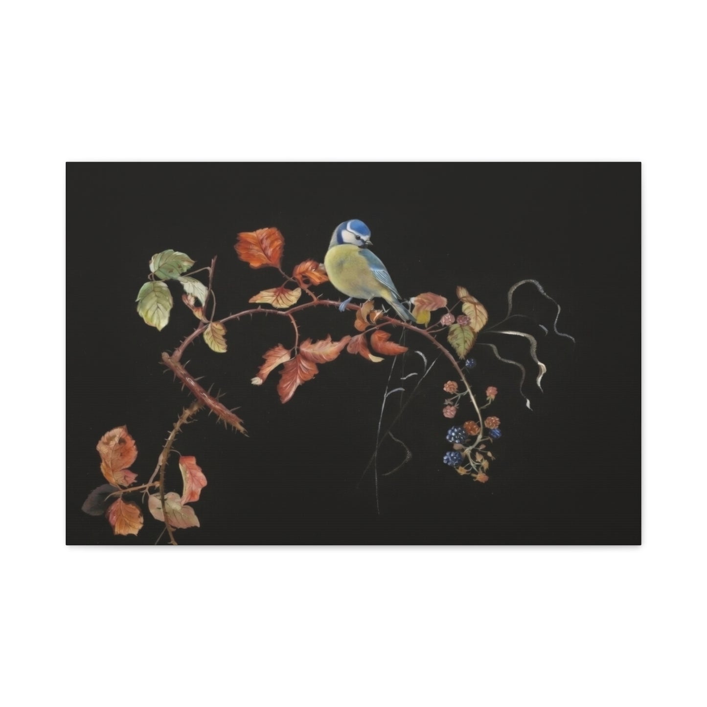 Canvas Wall Art - Blue Tit on Autumn Branch, Stretched Matte Canvas