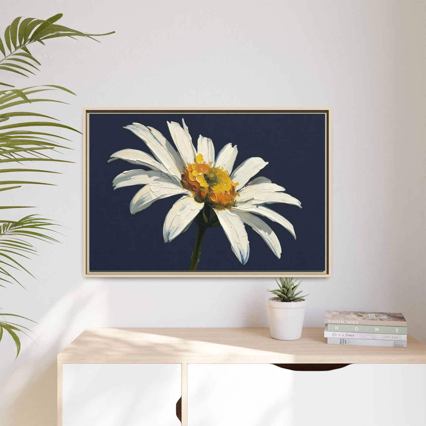 Framed Matte Canvas Daisy Wall Art — White Floral Painting on Navy