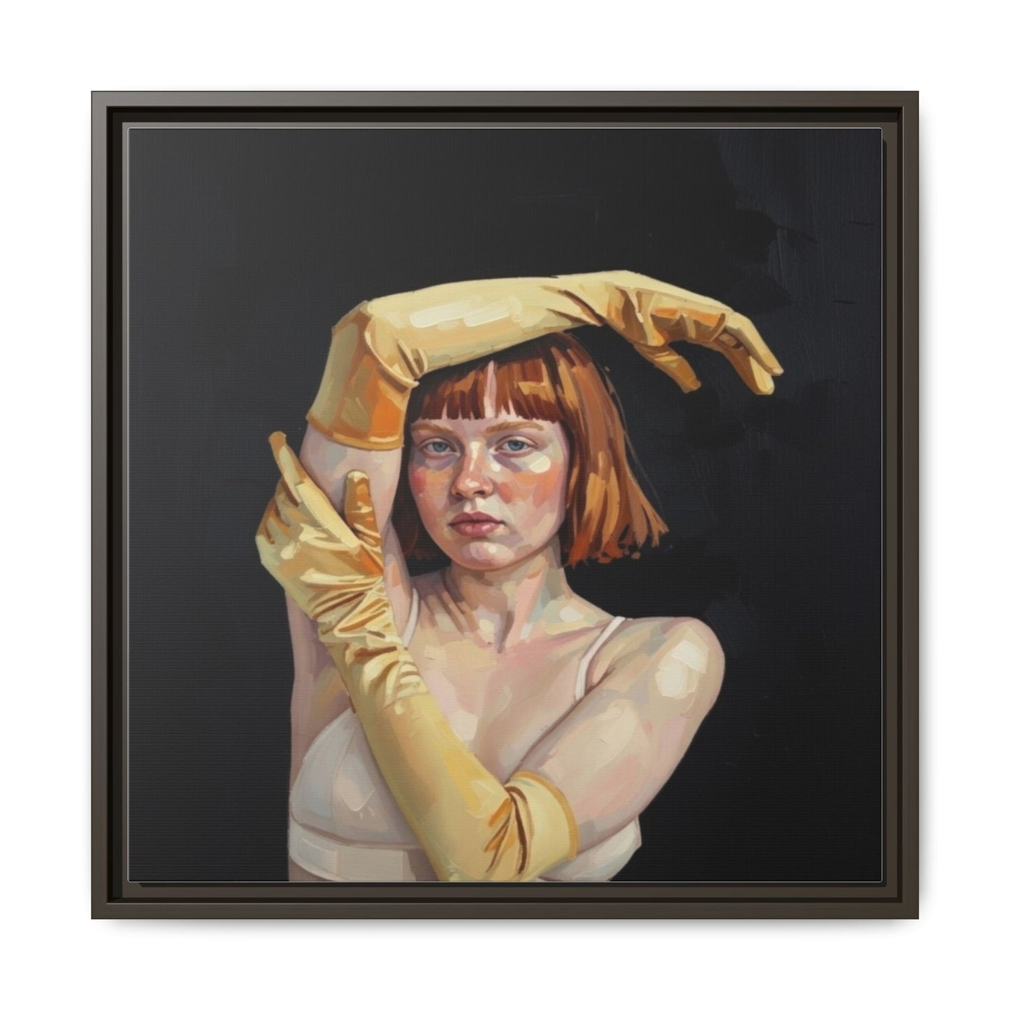 Framed Matte Canvas Art – Portrait of Woman in Yellow Gloves