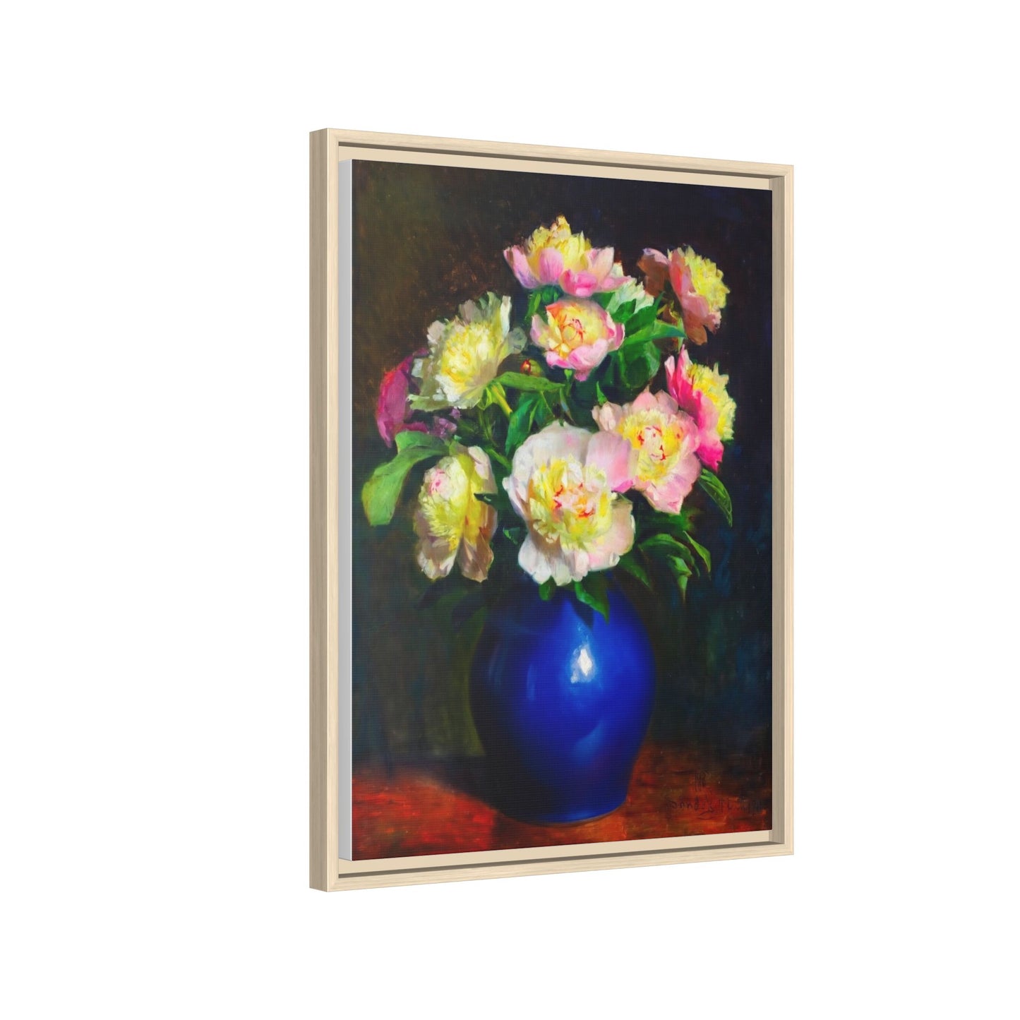 Framed Matte Canvas Wall Art — Vintage Floral Bouquet in Blue Vase