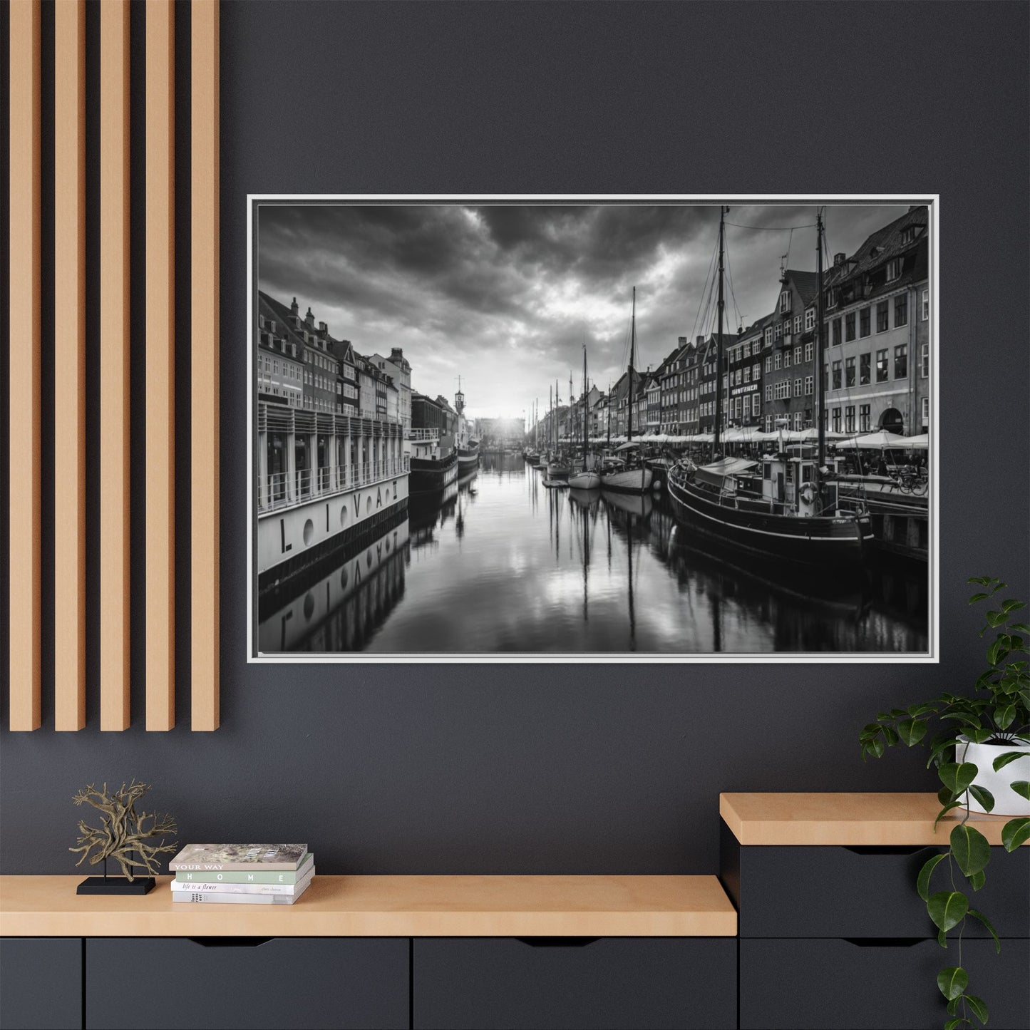 Framed Matte Canvas: Black & White Dutch Canal Photography Wall Art
