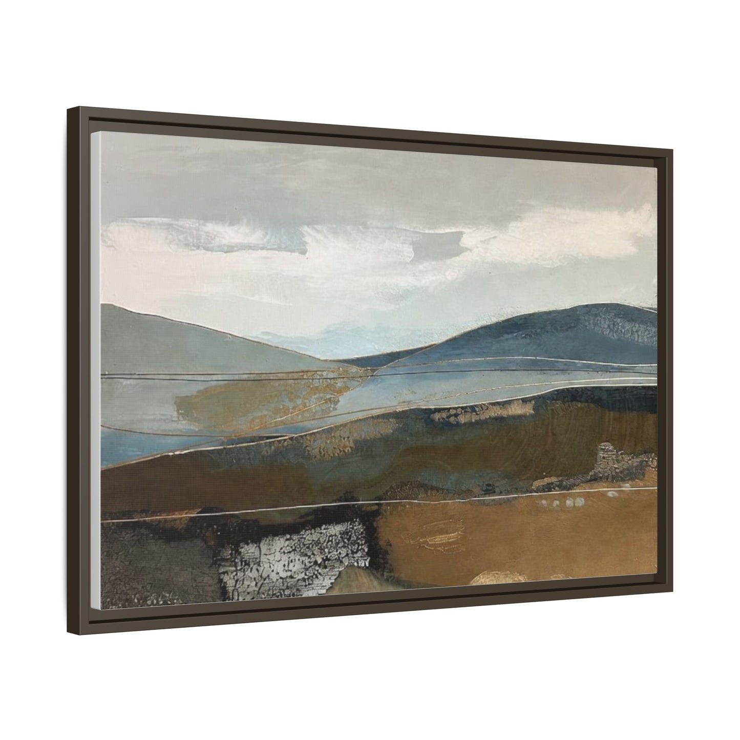 Framed Matte Canvas Landscape Art - Serene Abstract Hills in Blue & Earth Tones