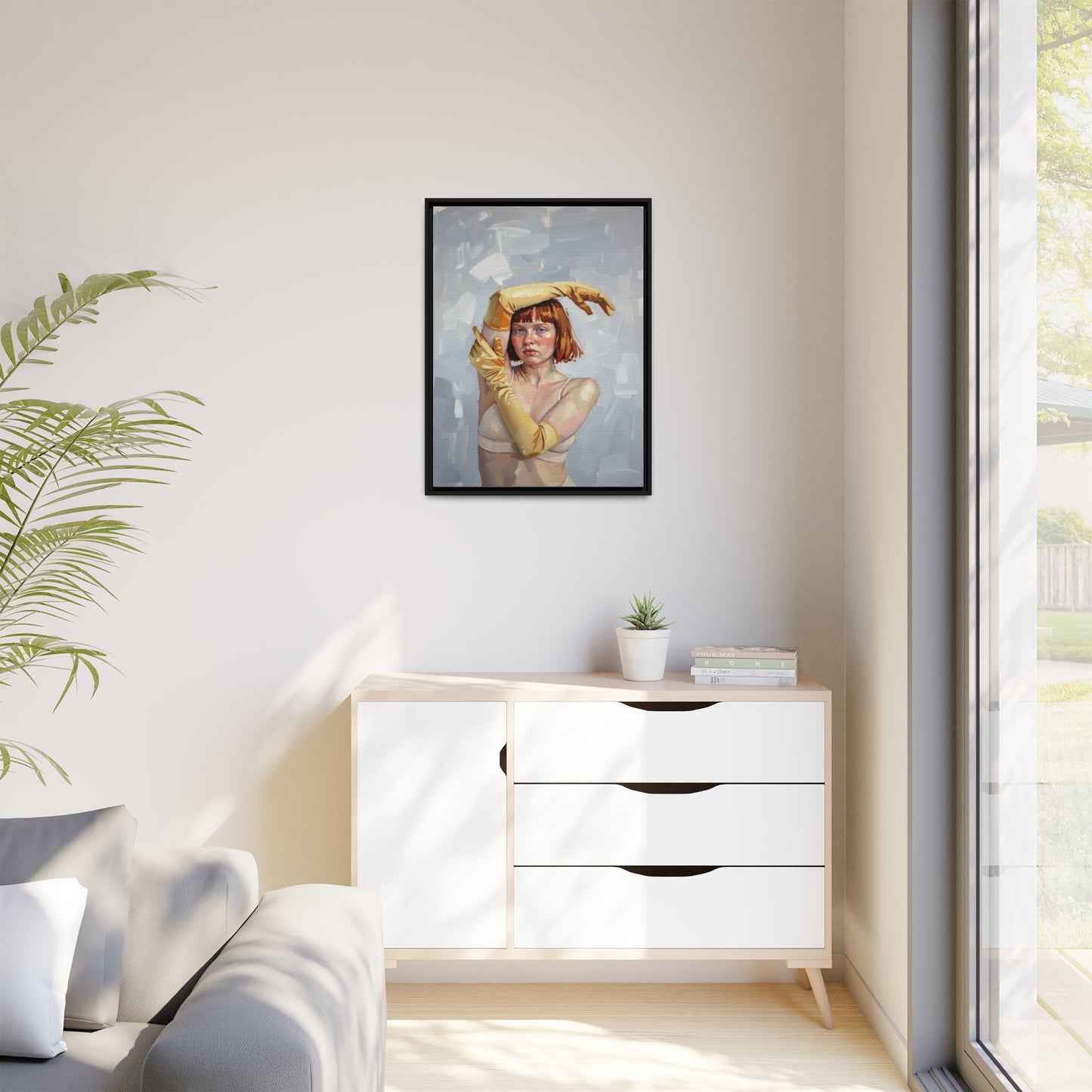 Contemporary Portrait Canvas Print — Woman with Yellow Gloves (Framed Matte)