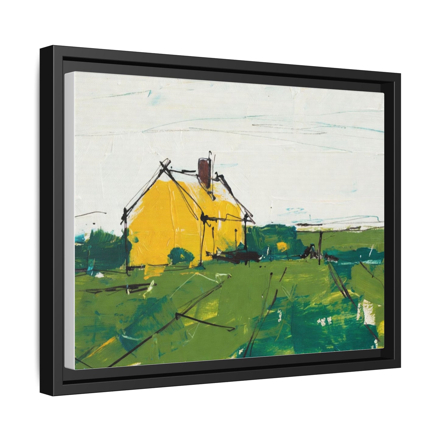 Yellow Cottage Landscape Framed Canvas Print
