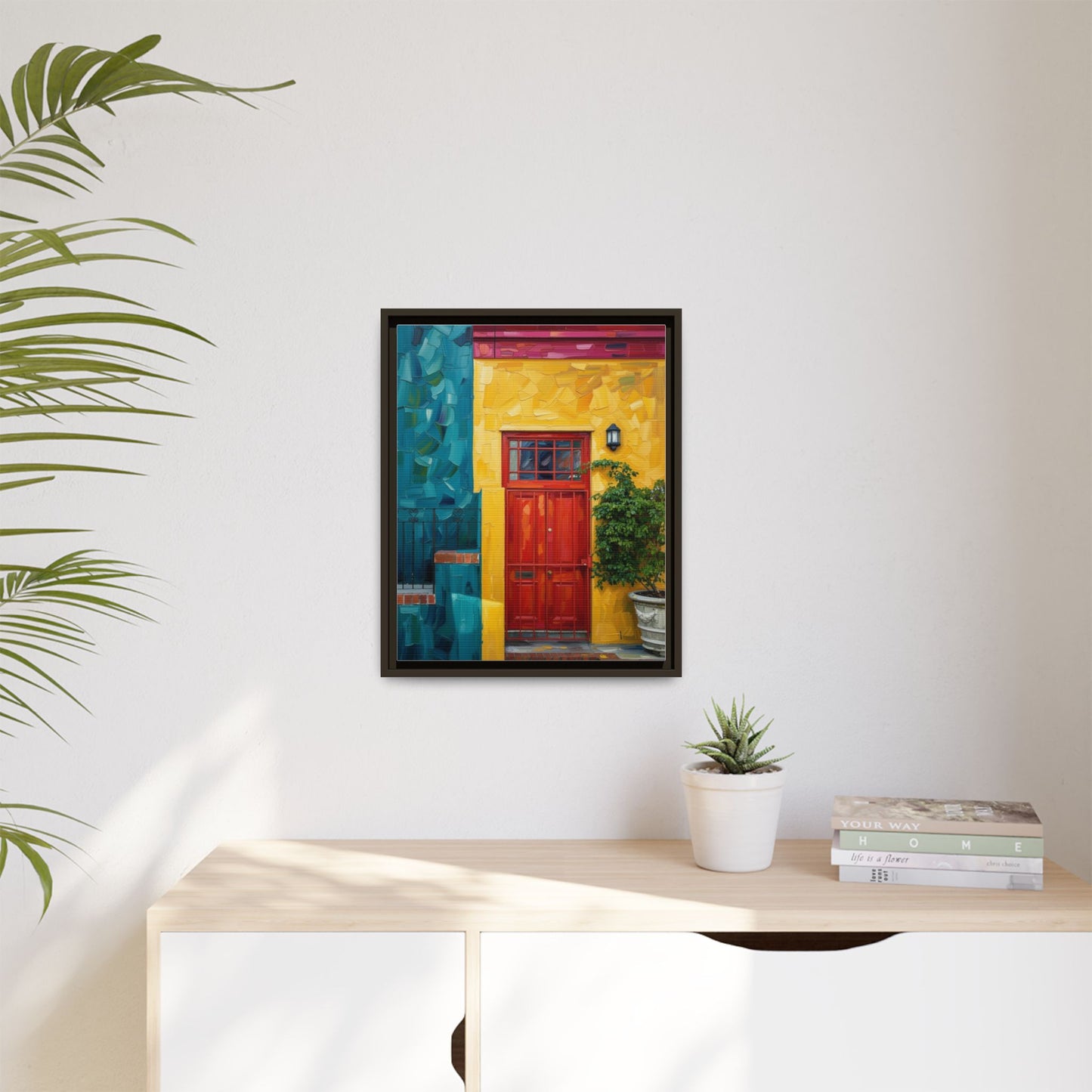 Framed Matte Canvas Wall Art — Colorful Red Door on Yellow Facade