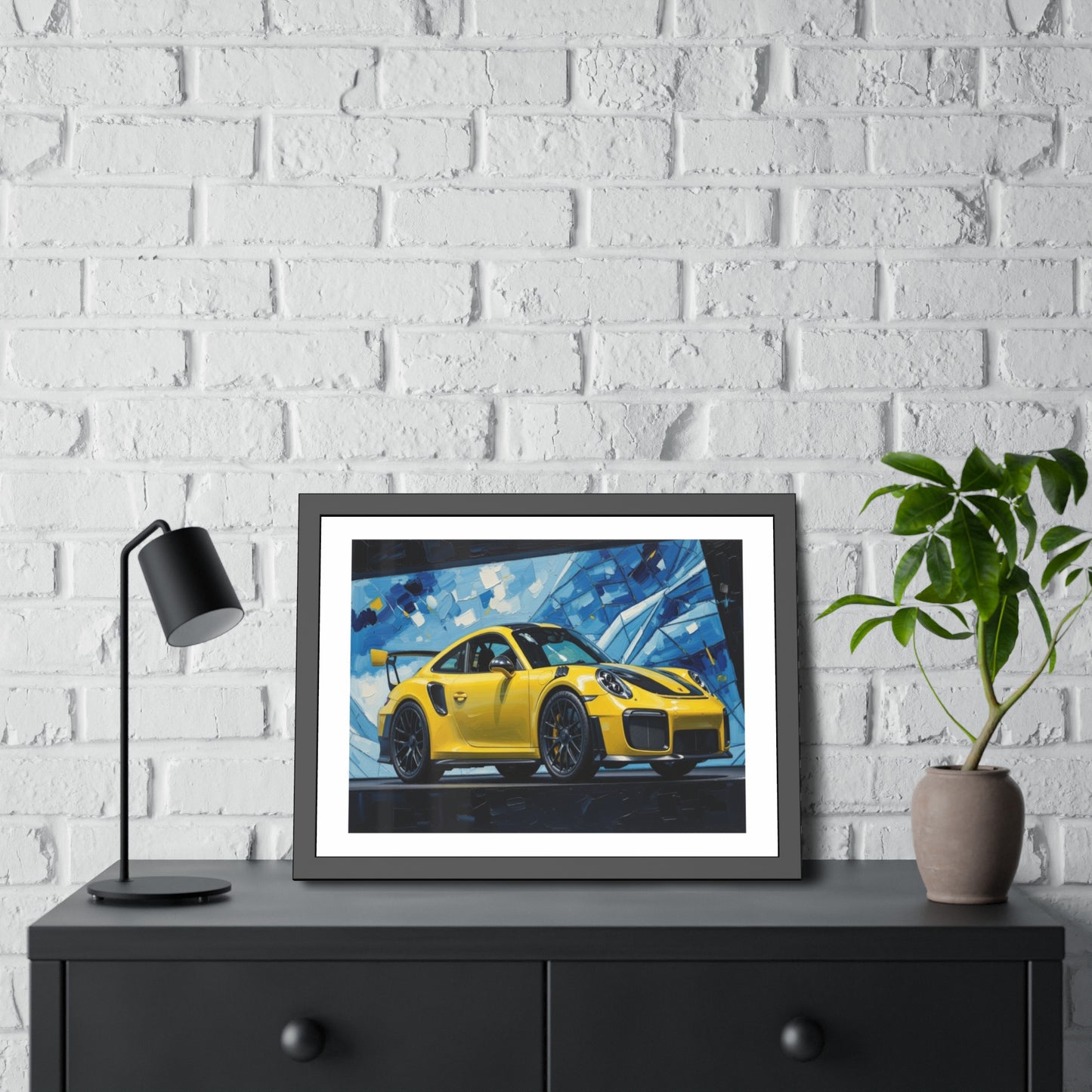 Framed Poster - Yellow Porsche Sports Car Art Print (Modern Automotive Wall Decor)