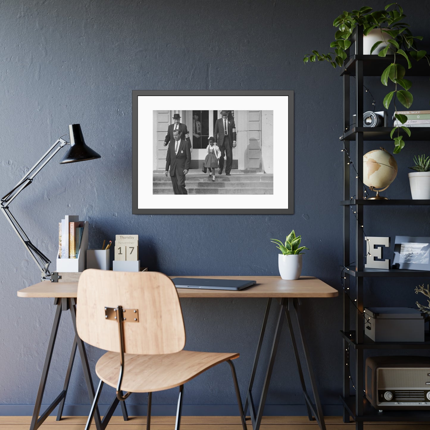 US Marshals with Young Ruby Bridges on School Steps by Unknown  Black & White Civil Rights Photograph Framed Wall Art Print