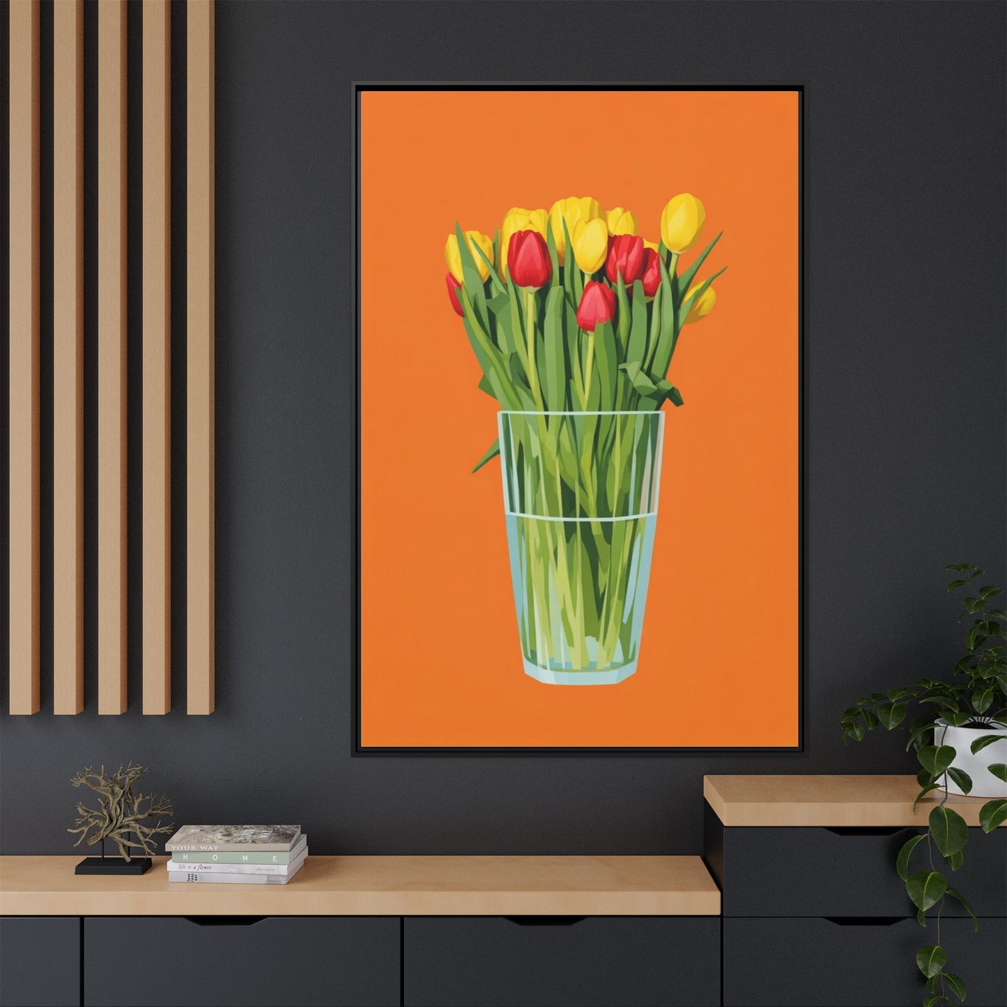 Framed Tulip Canvas Print — Colorful Tulips in Glass Vase