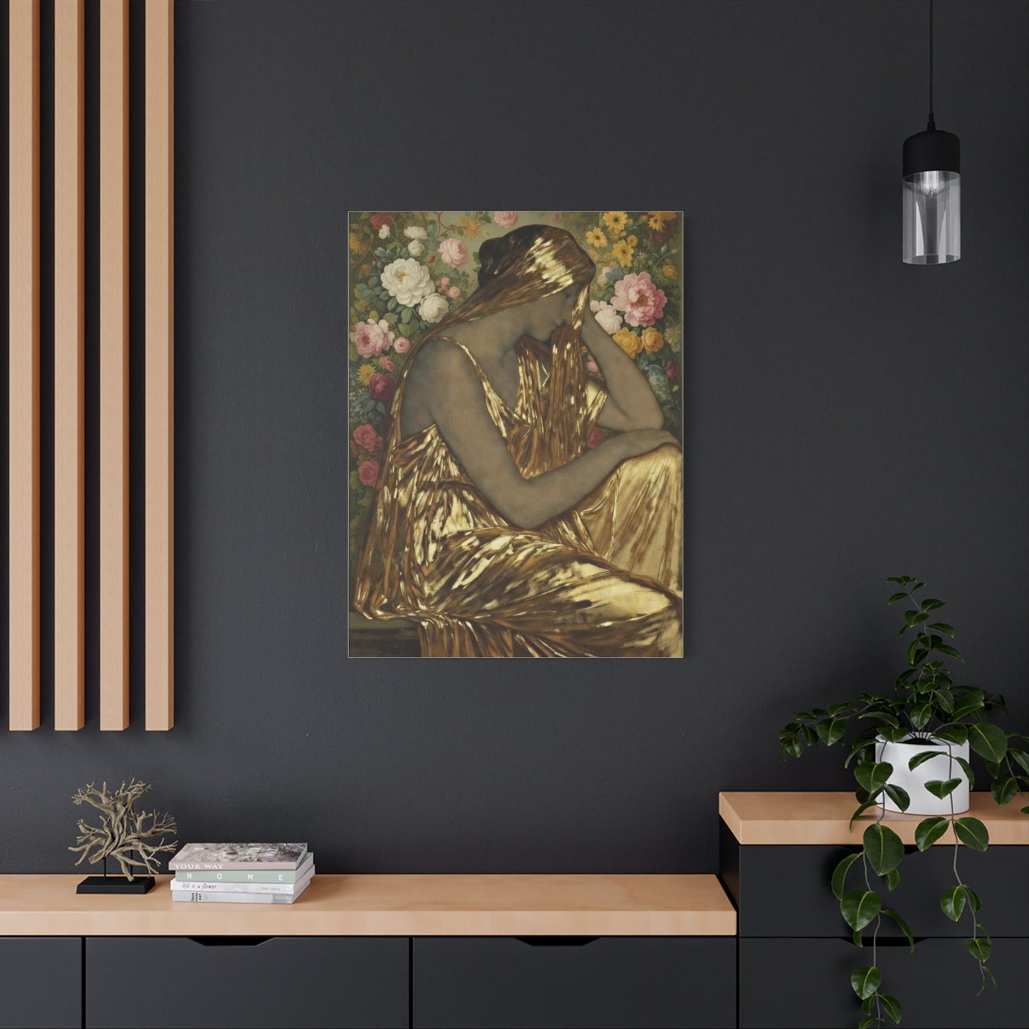 Golden Muse Canvas Print — Woman in Gold Floral Art (Stretched Matte)