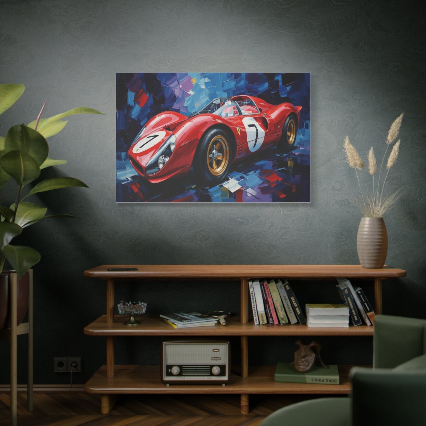 Vintage Ferrari Racing Car Canvas Print — Red Classic Sports Car Artwork (Matte Stretched)