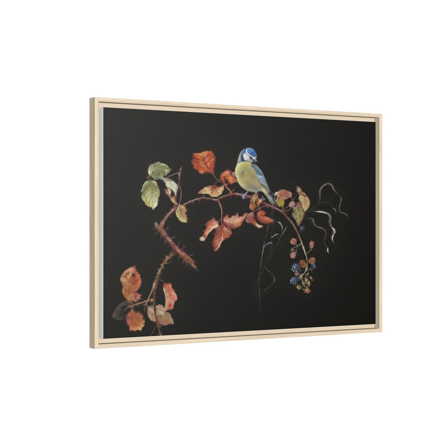 Framed Matte Canvas - Blue Tit on Autumn Branch Wall Art