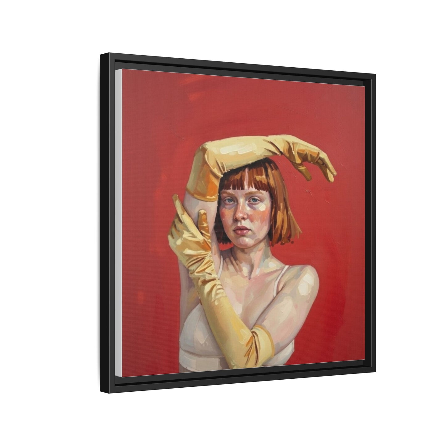 Framed Matte Canvas Art - Portrait of Woman in Yellow Gloves (Red Background)