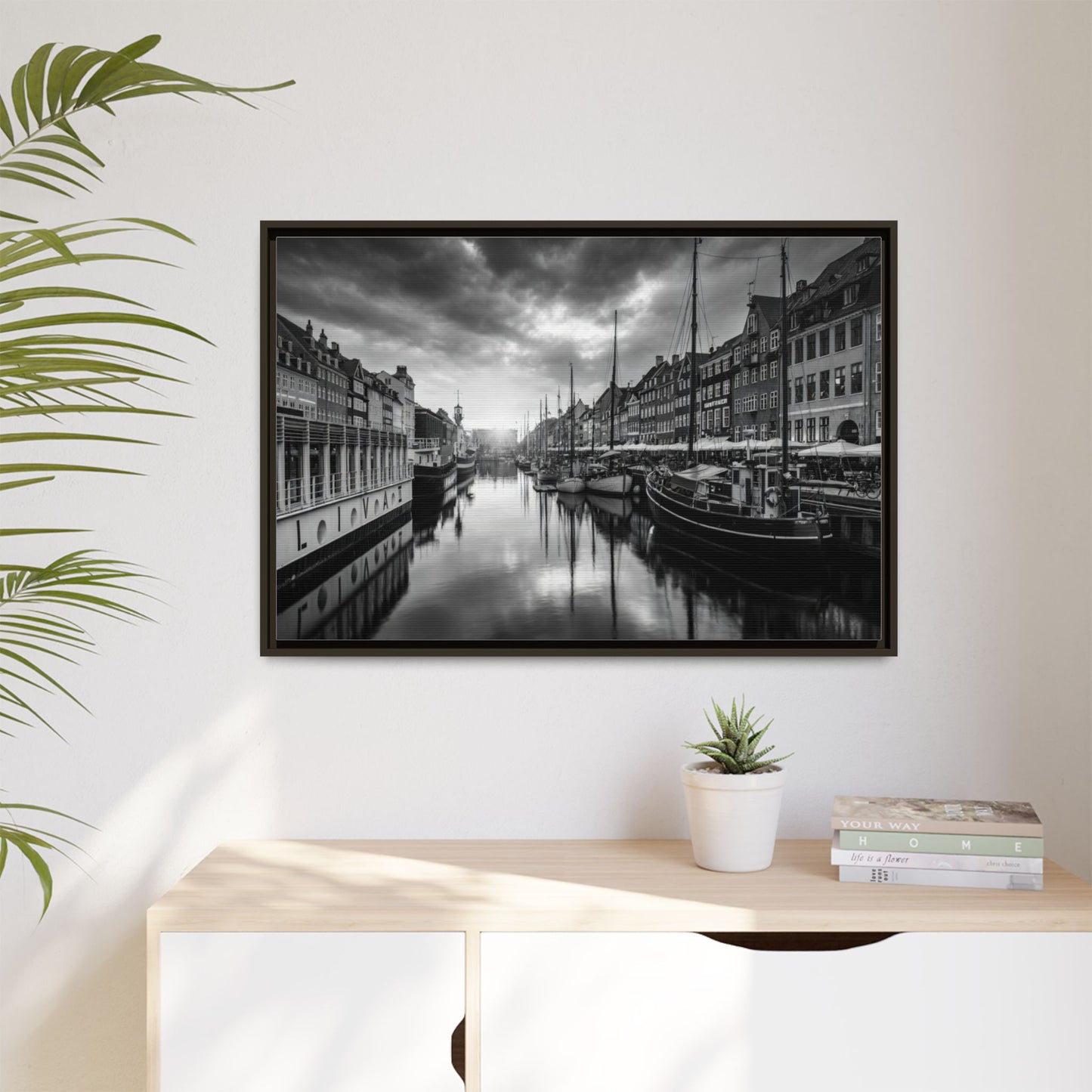 Framed Matte Canvas: Black & White Dutch Canal Photography Wall Art