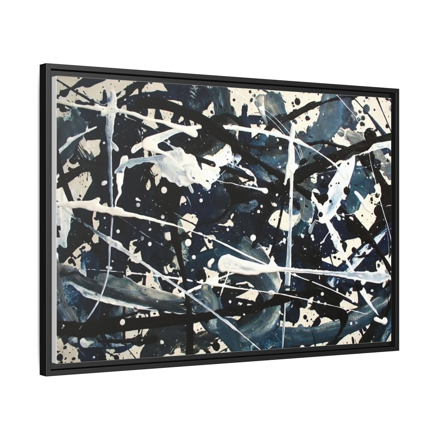Abstract Splatter Matte Canvas Framed Wall Art — Black & Blue Modern Art Print