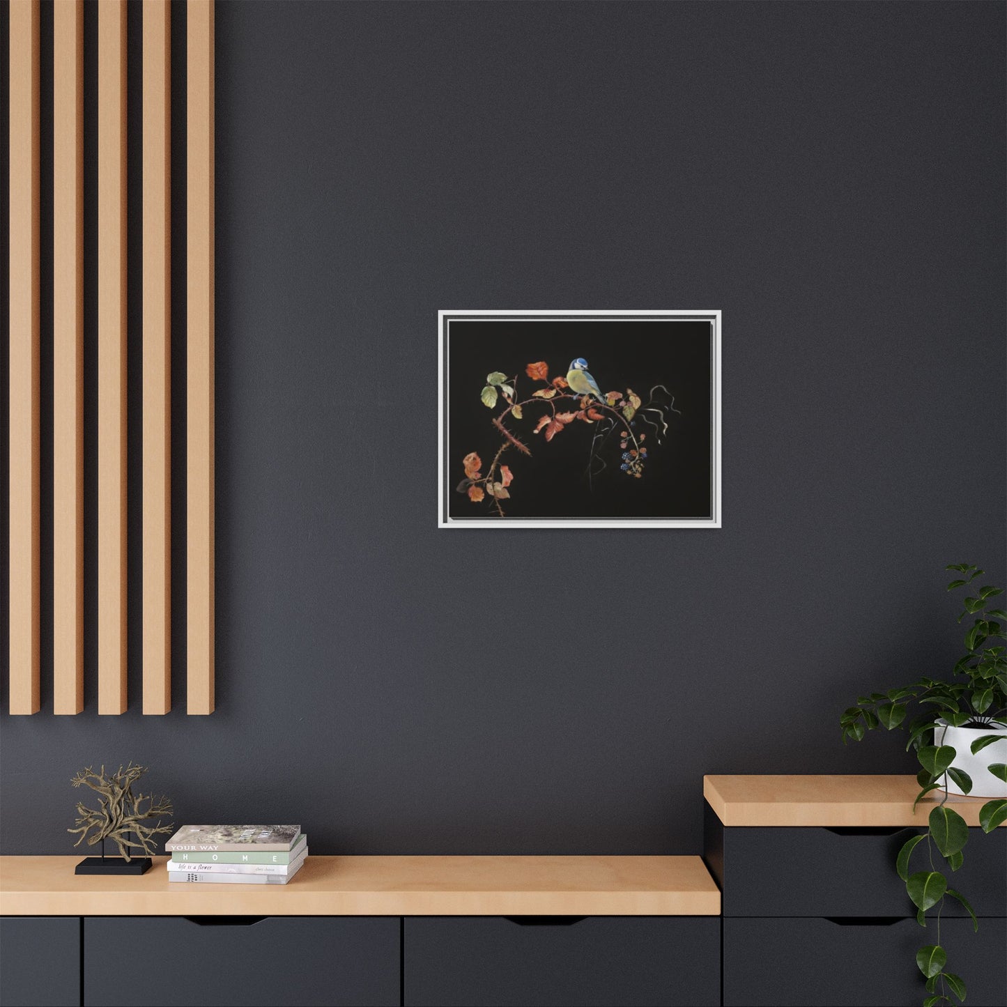 Framed Matte Canvas - Blue Tit on Autumn Branch Wall Art