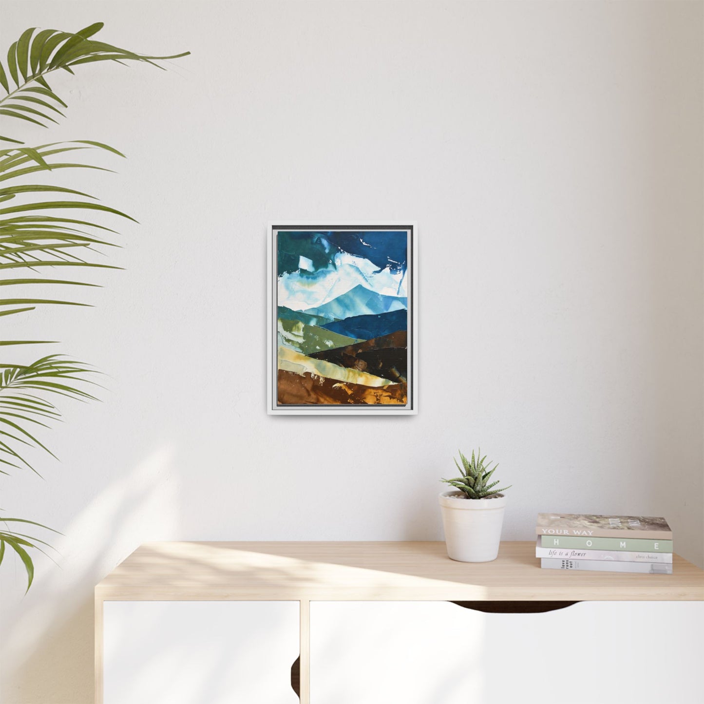 Framed Abstract Mountain Canvas Art — Blue & Earthtone Landscape Print
