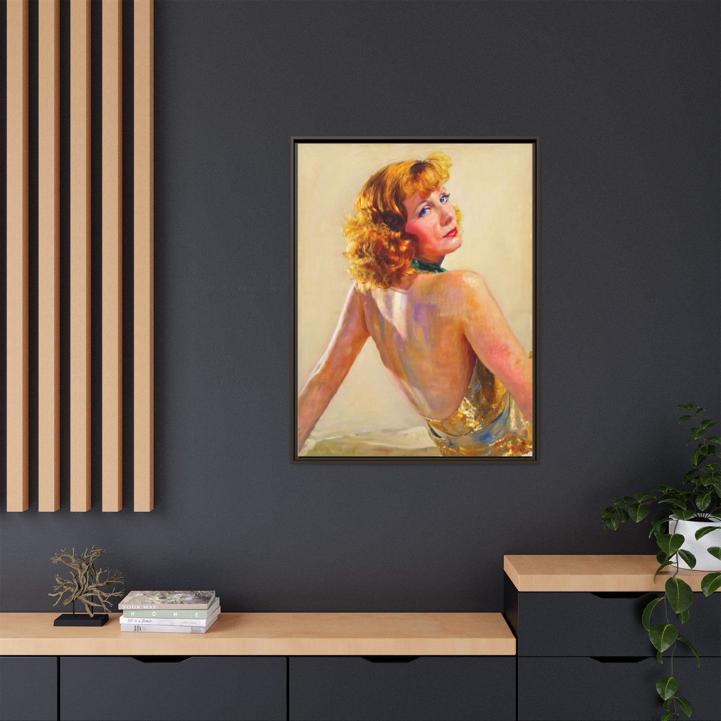Framed Matte Canvas Print — Vintage Portrait of Redhead Greta Garbo in Gold Dress