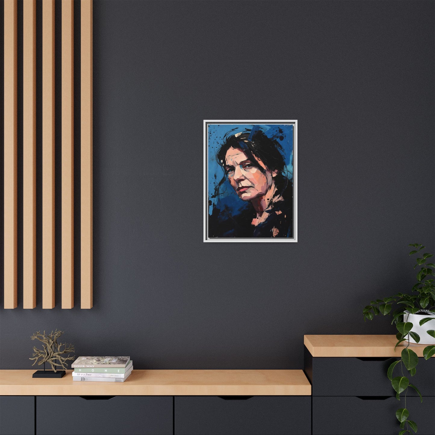 Framed Matte Canvas Portrait — Expressive Blue Painterly Woman Art