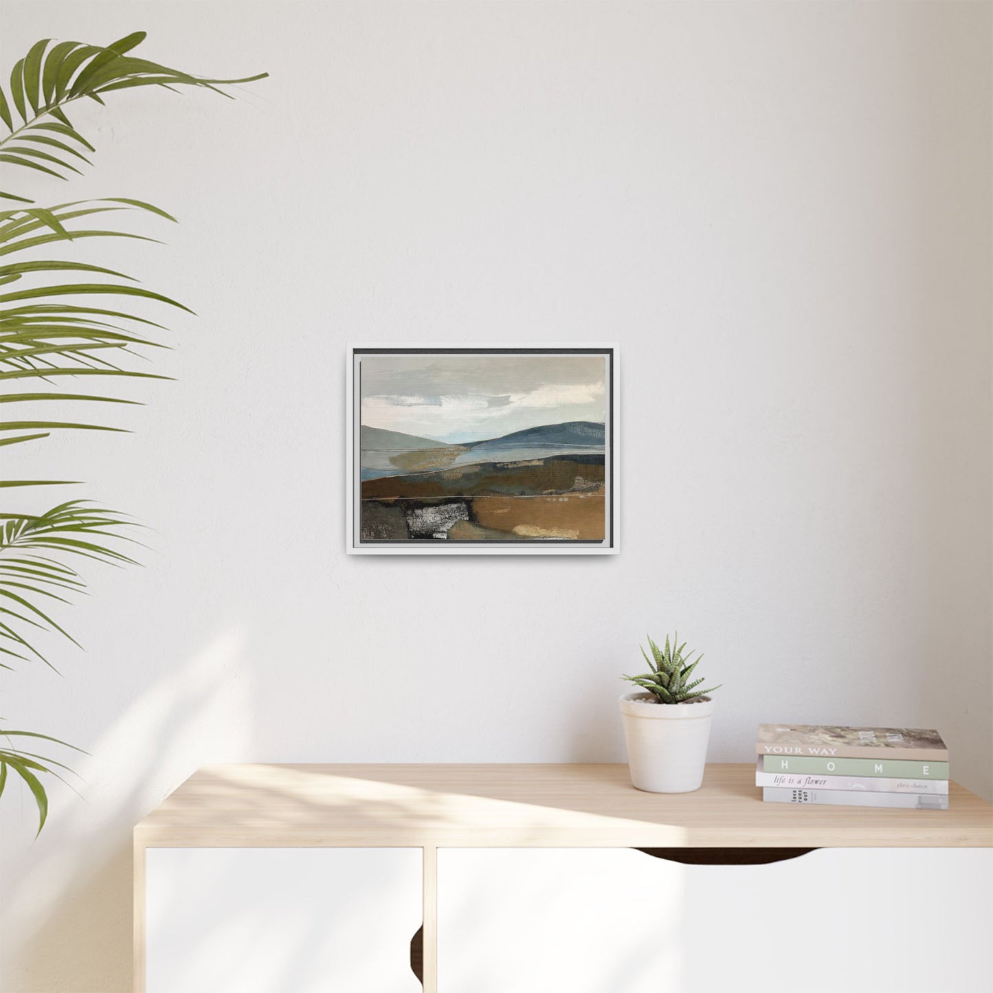 Framed Matte Canvas Landscape Art - Serene Abstract Hills in Blue & Earth Tones