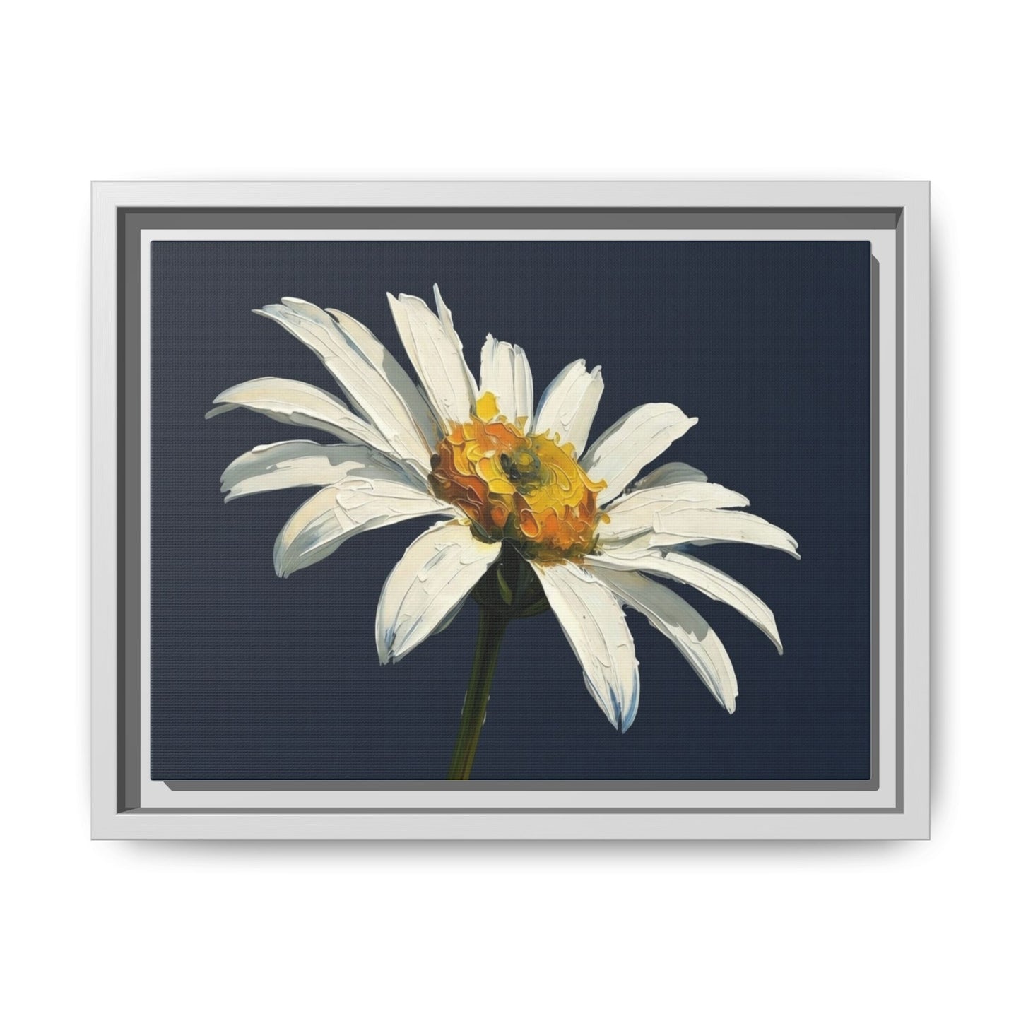 Framed Matte Canvas Daisy Wall Art — White Floral Painting on Navy