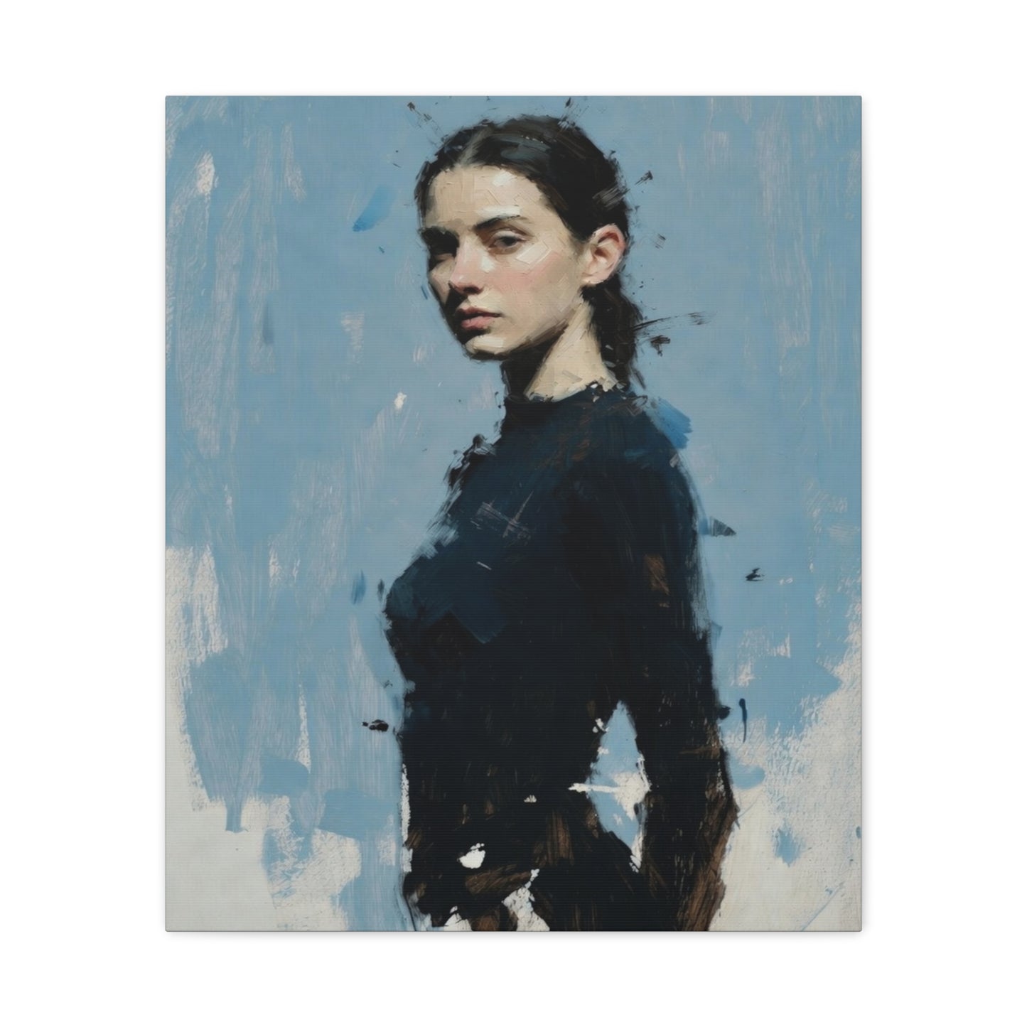 Matte Stretched Canvas Print — Portrait of a Young Woman, Moody Blue Figurative Art