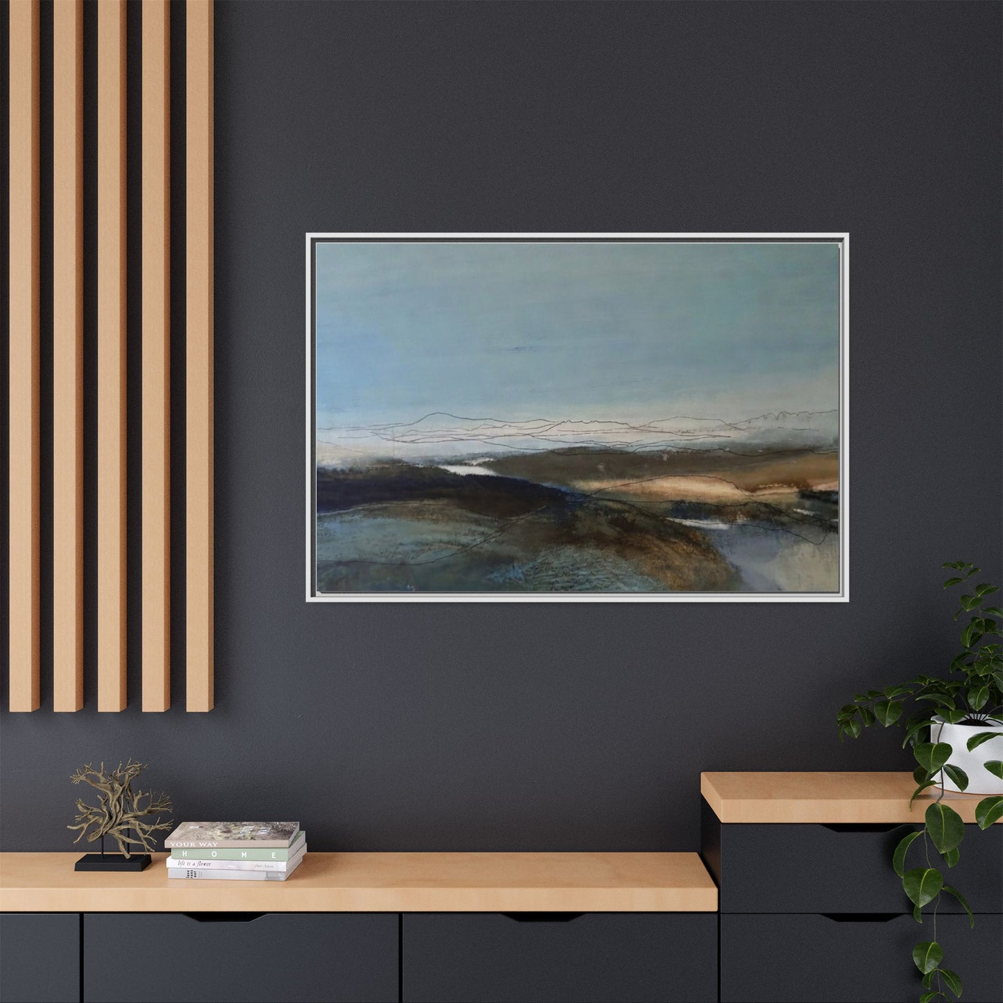 Framed Matte Canvas Wall Art — Serene Abstract Blue Landscape