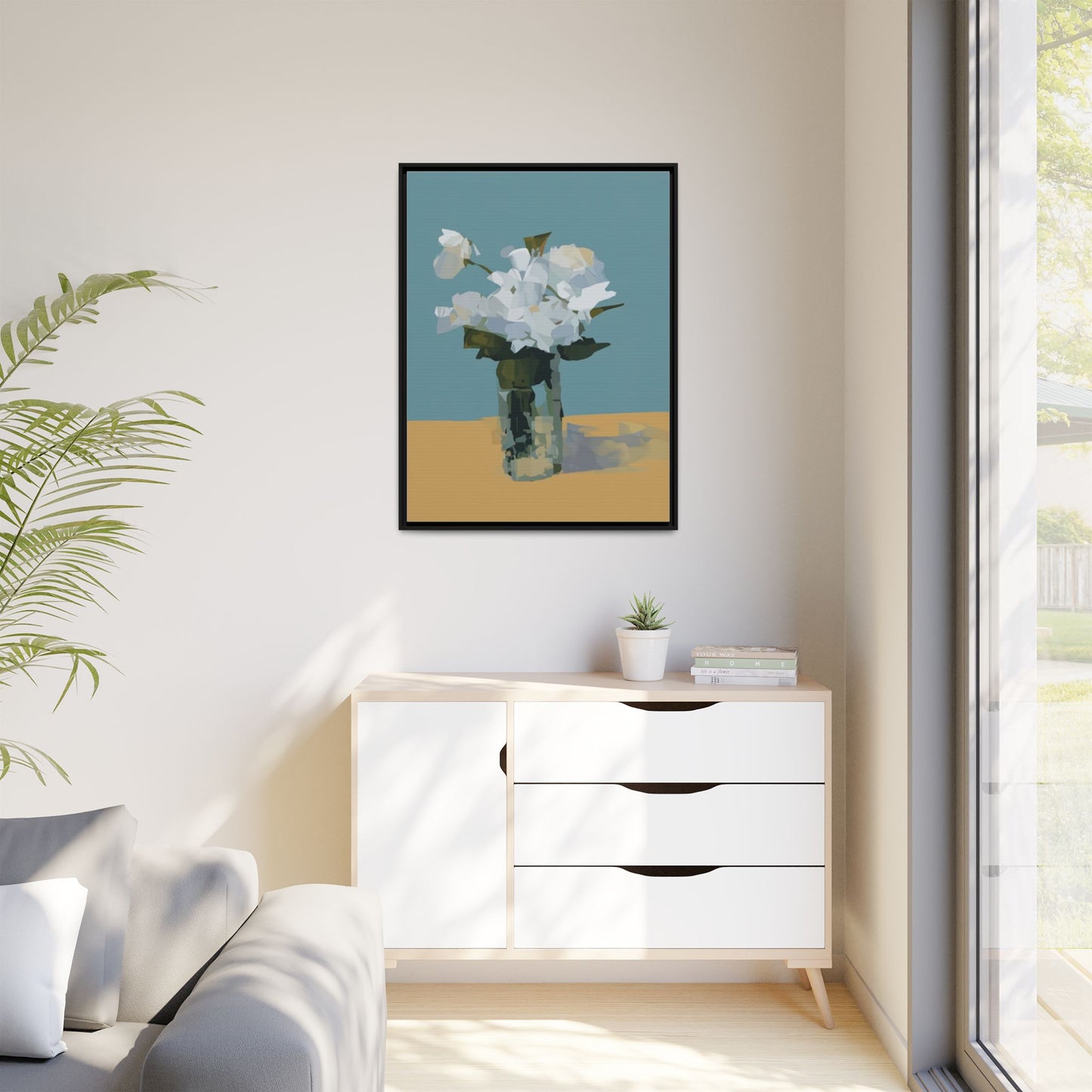Framed Floral Still Life Canvas Art — Modern White Bouquet Wall Art