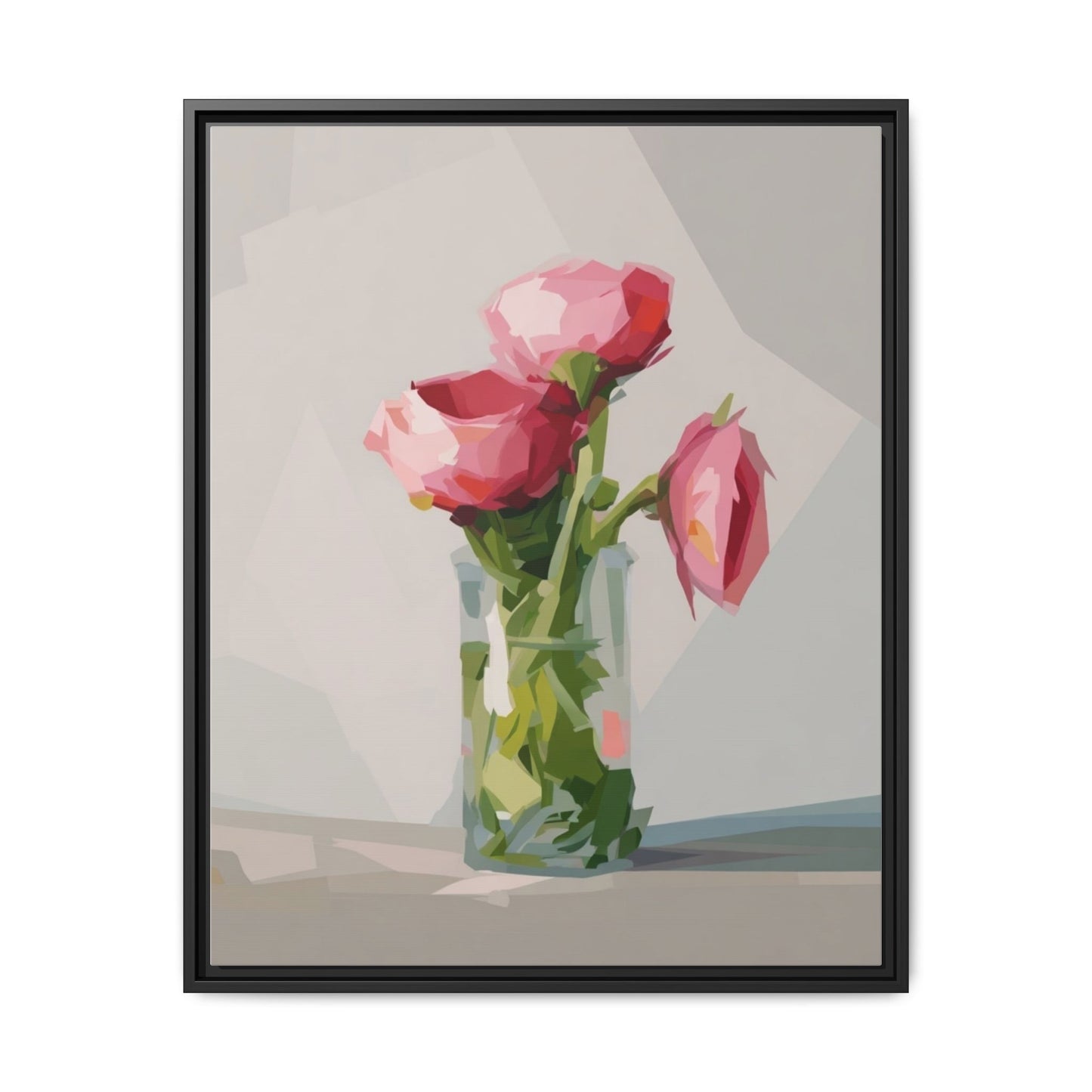Framed Canvas Art — Pink Roses in Vase, Modern Floral Wall Print
