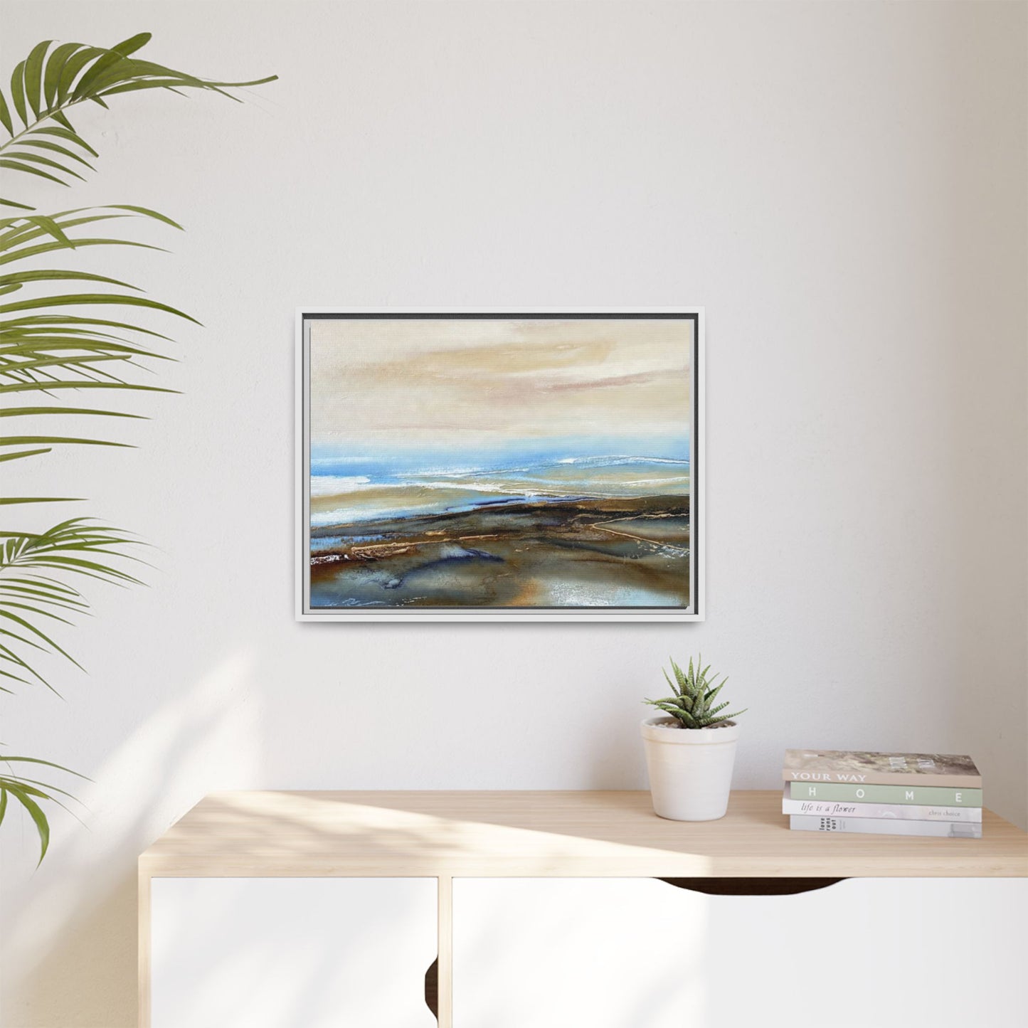 Framed Abstract Seascape Matte Canvas — Coastal Blue & Earth Tone Wall Art