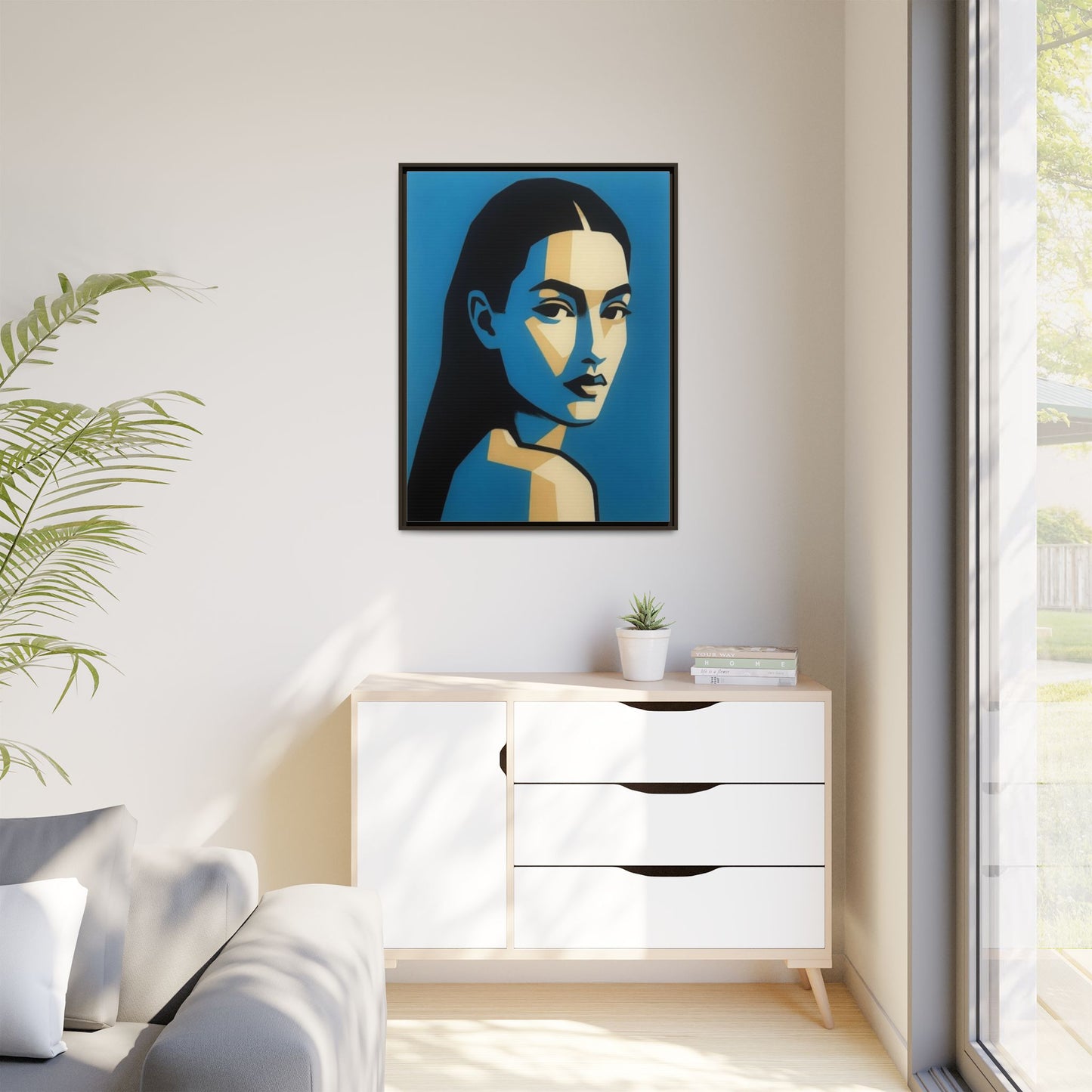 Framed Pop Art Portrait Canvas — Blue Geometric Woman Print