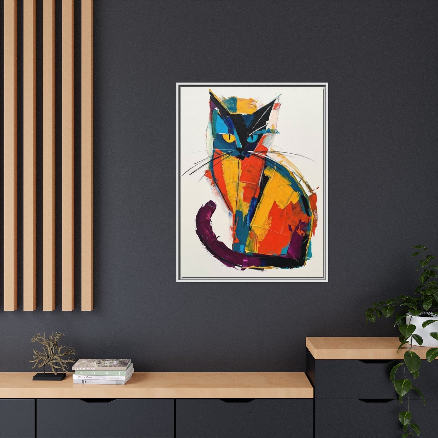 Colorful Abstract Cat Framed Canvas — Modern Matte Wall Art