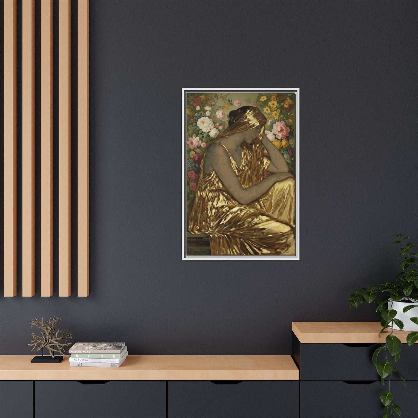 Framed Canvas Art Print — Golden Muse Woman with Floral Background