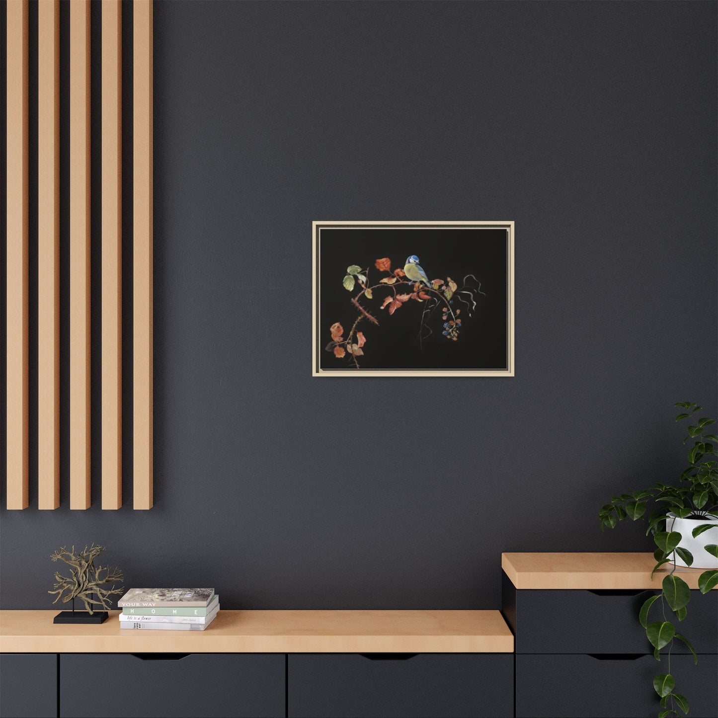 Framed Matte Canvas - Blue Tit on Autumn Branch Wall Art