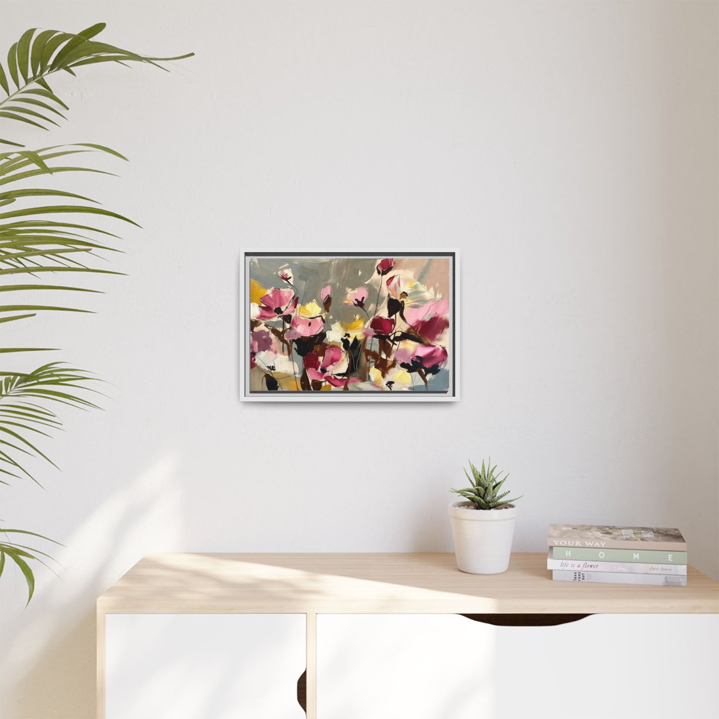 Framed Floral Canvas Wall Art — Abstract Pink & Yellow Flowers