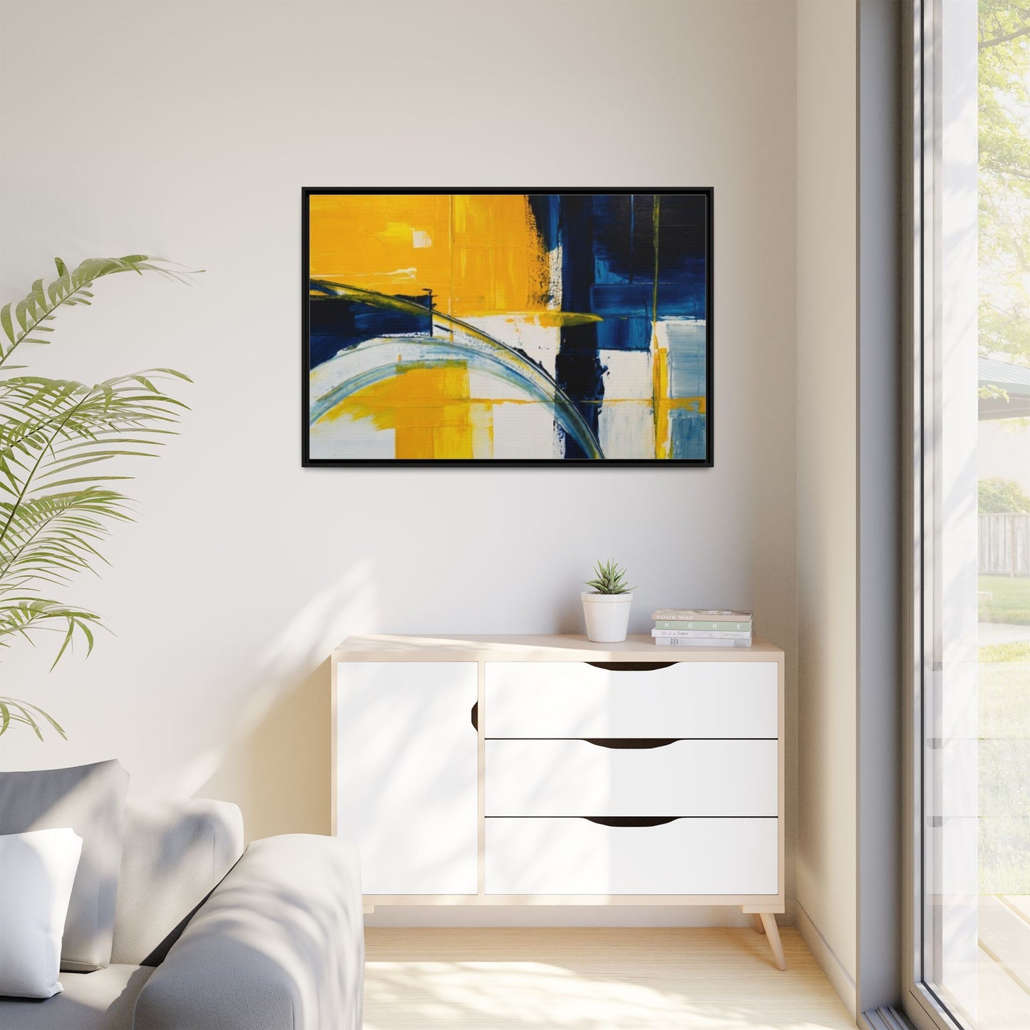 Abstract Yellow & Blue Framed Canvas Wall Art — Modern Matte Canvas Print
