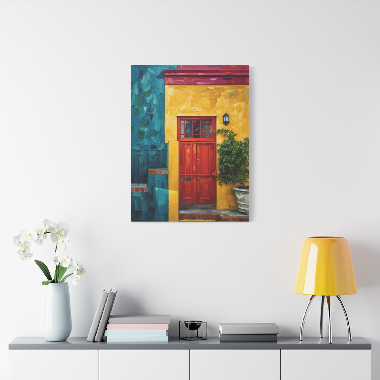 Colorful Doorway Canvas Wall Art — Vibrant Yellow & Teal Street Scene, Matte Stretched Print
