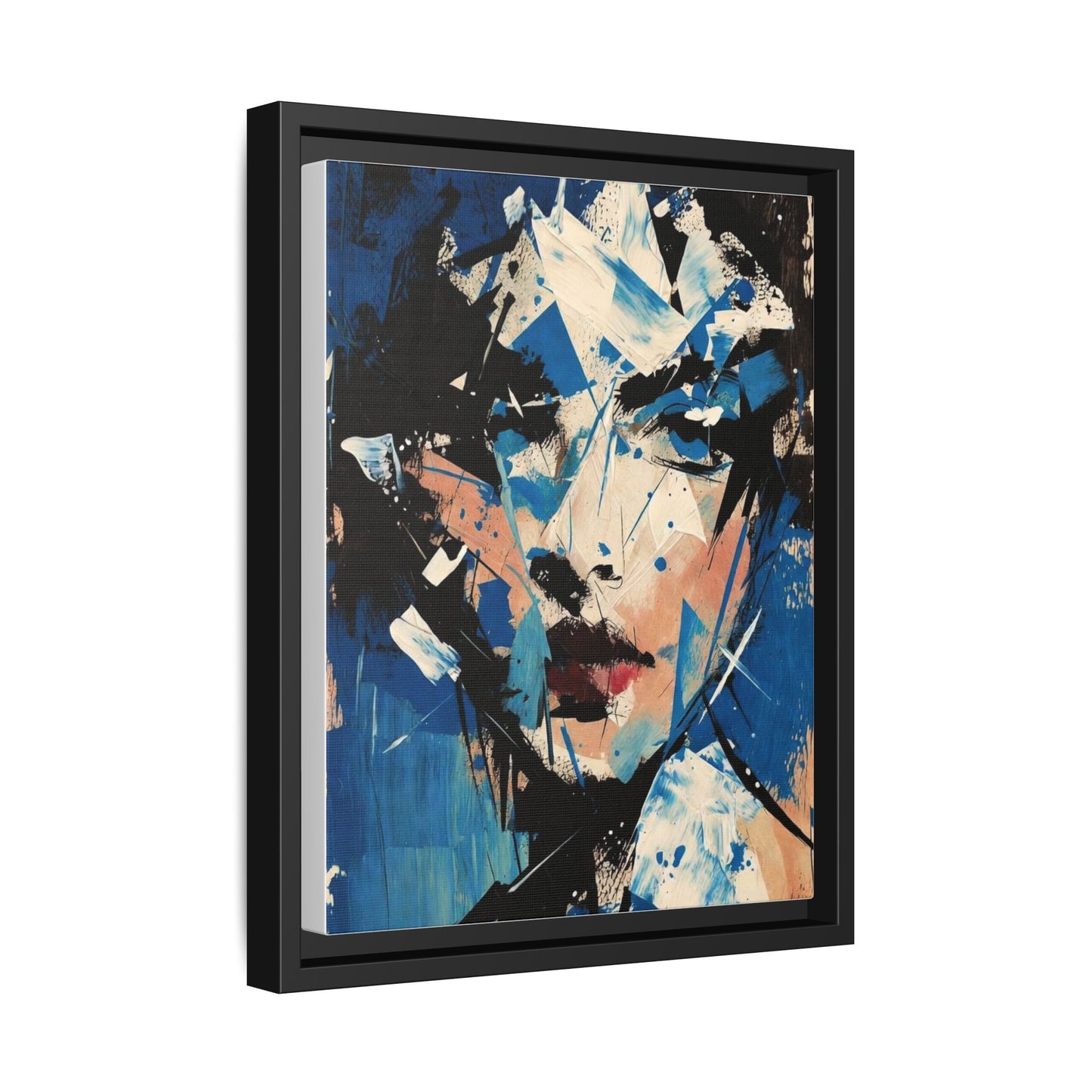 Abstract Portrait Matte Canvas Framed Wall Art — Blue Mixed-Media Face Print