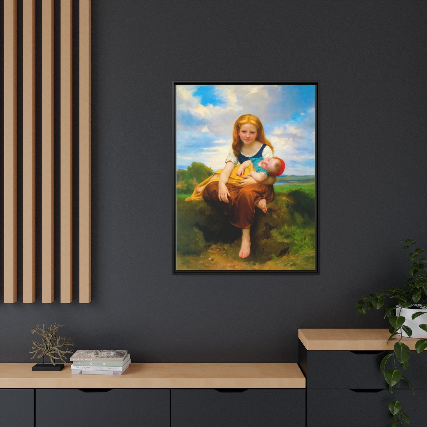 Young Girl Holding Sleeping Baby Canvas Print, Framed Wall Art