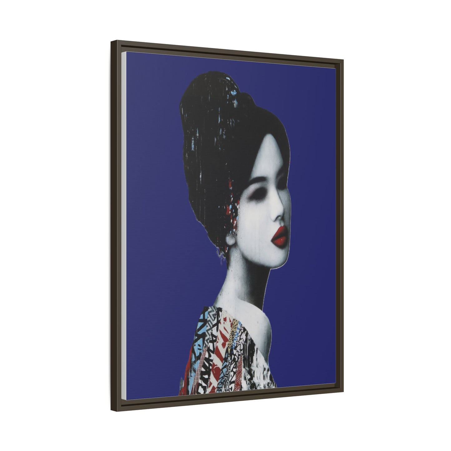 Framed Matte Canvas Art — Elegant Geisha Portrait on Deep Blue